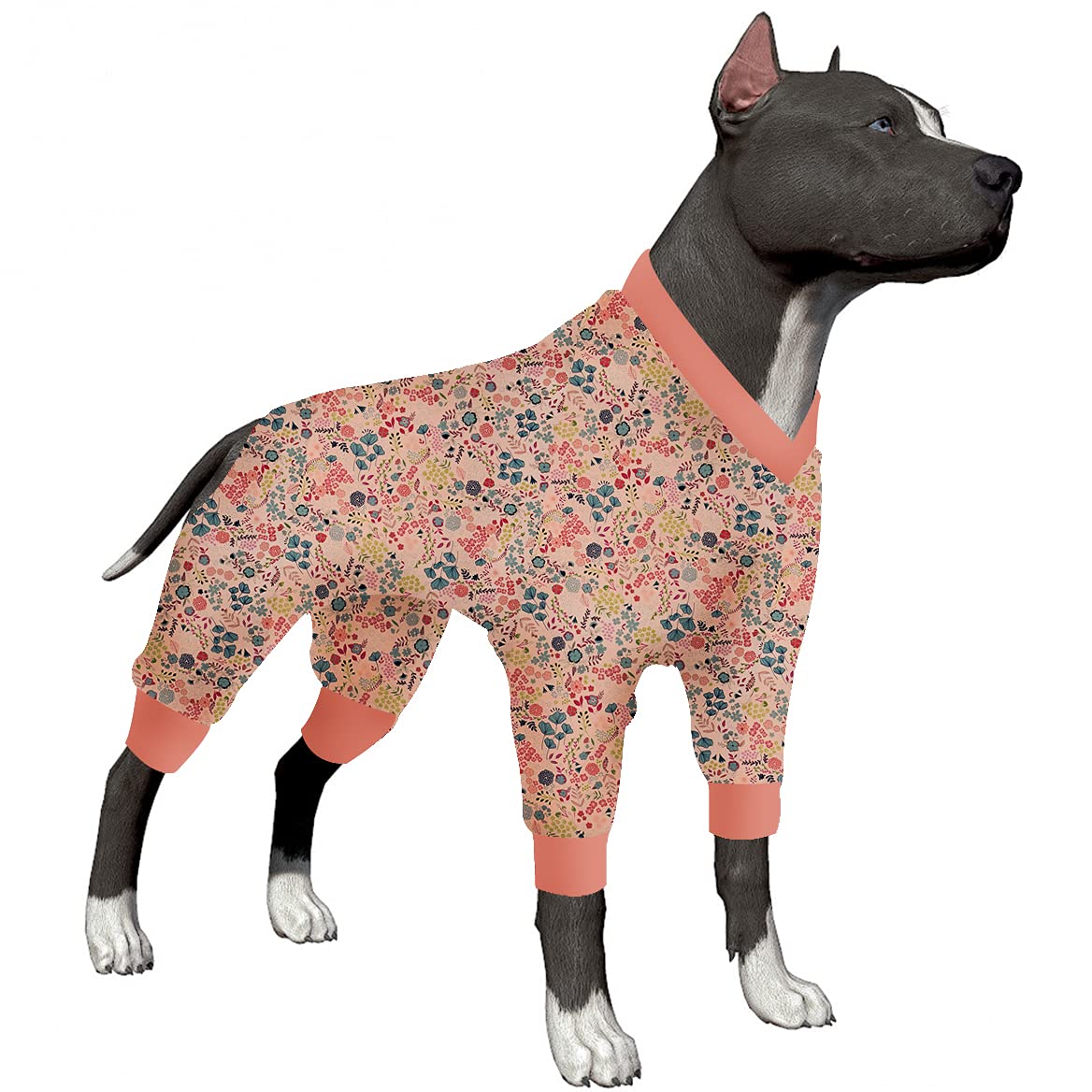 LovinPet Large Dog Clothes - Anxiety Relief & Anti Licking Recovery Suit for Dogs | Soft Dog Sweater Pajamas with Brushstroke Floral Print (White/Hot Pink) - Perfect for Post-Surgery Care, Cold Weather & Indoor Comfort