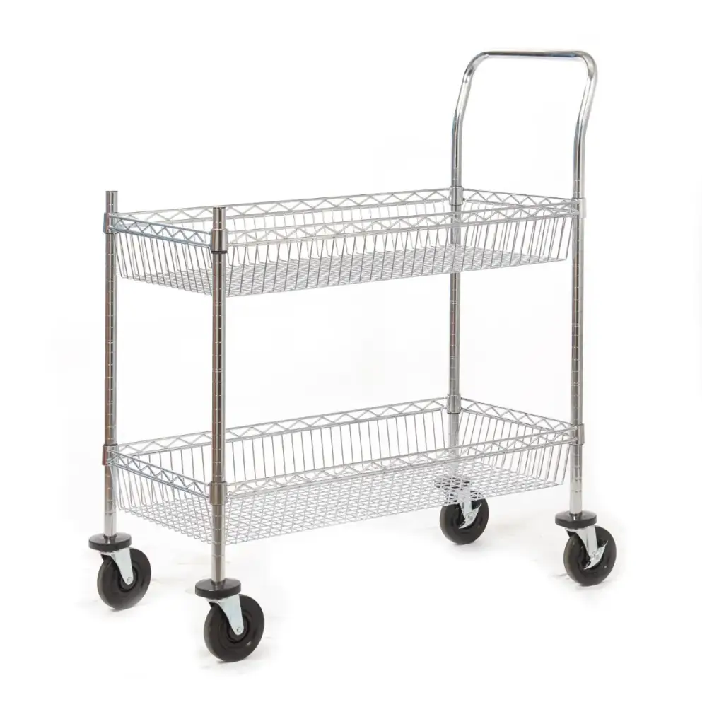 Stainless Steel Chrome Plated Wire Tray Trolley Cart - Heavy Duty Kitchen Utility Cart with Wheels for Restaurant, Home, and Commercial Use