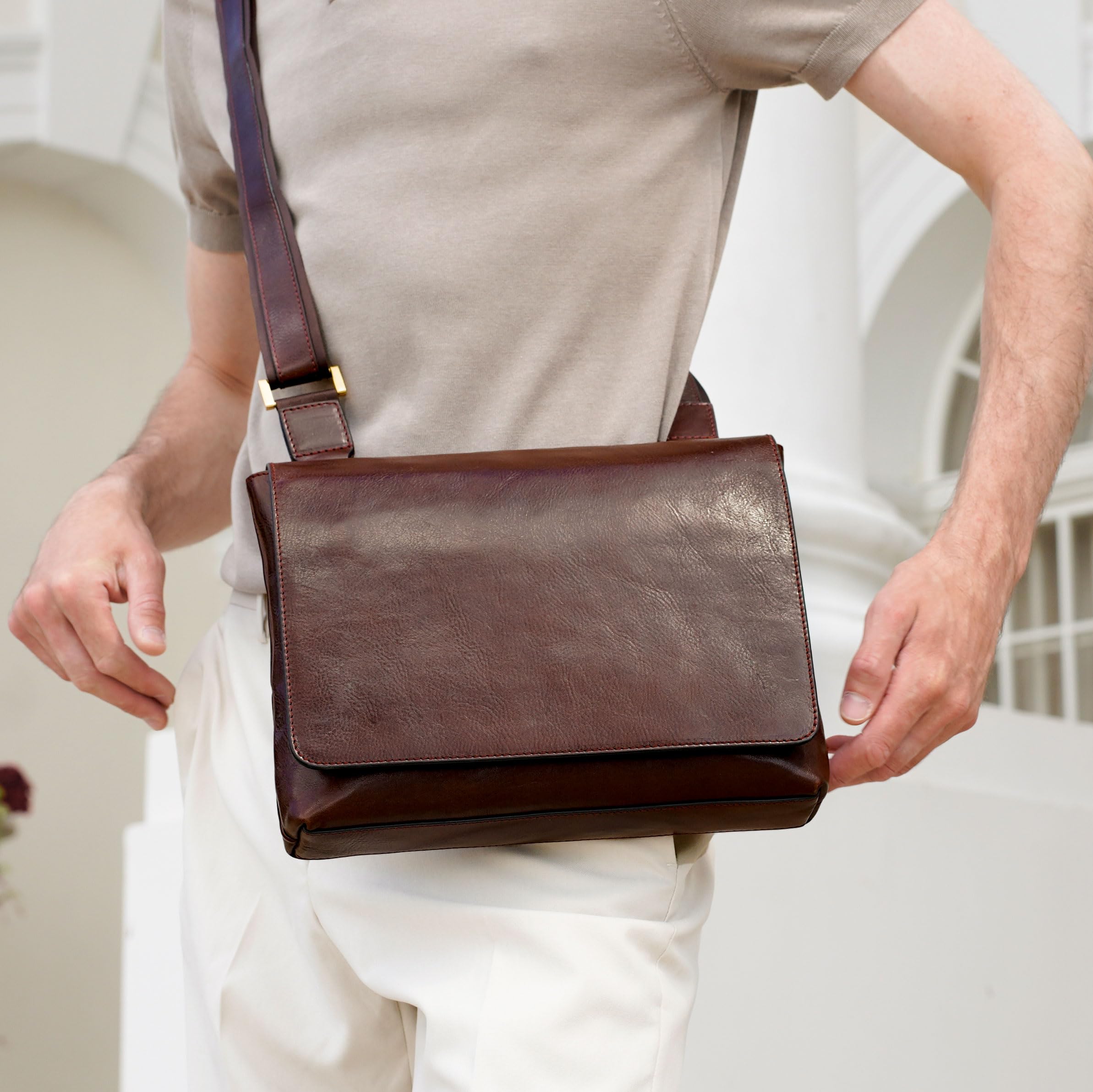 Premium Full Grain Leather Messenger Bag for Men - Durable Crossbody Shoulder Bag with Tablet Pocket - Perfect for Work, Travel & Daily Commute
