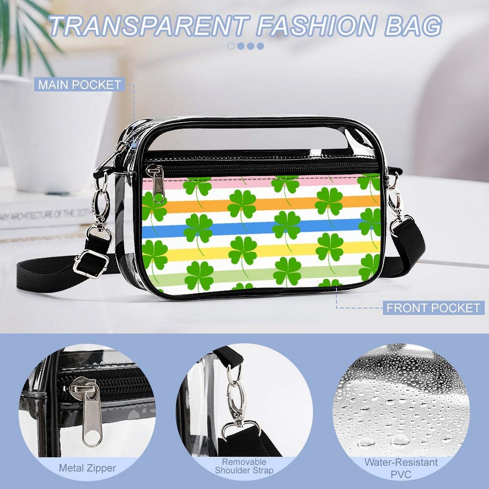 Shamrock Clover Stripes Clear Crossbody Bag - Fashionable Stadium Approved Shoulder Purse for Women - Perfect for Concerts, Sports Events, Festivals & Night Out