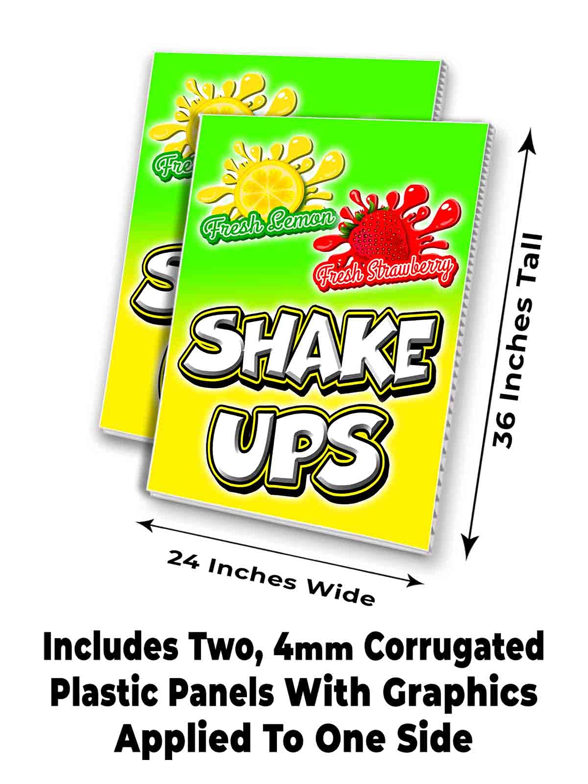 Lemon Strawberry Shake Ups Corrugated Plastic Sign - 24x36 Inch 4mm Thick Weatherproof Outdoor Signage - Double-Sided Printing (Pack of 2) - Perfect for Smoothie Shops, Juice Bars, and Summer Beverage Promotions