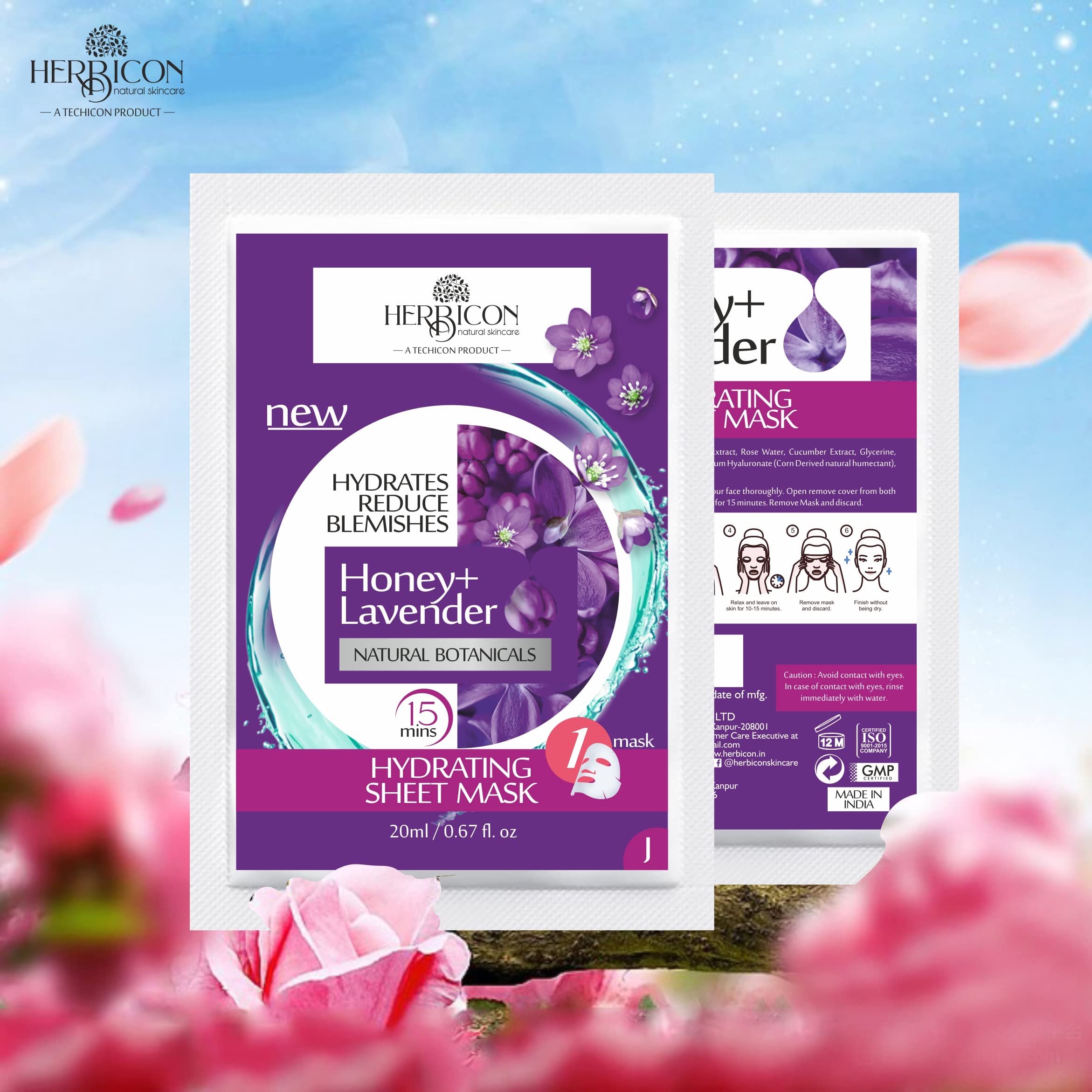 Herbicon Honey & Lavender Face Sheet Mask - Lightweight, Soothing & Brightening Skincare - 20g (4-Pack) | Perfect for Relaxing Spa Nights & Glowing Skin Care Routine