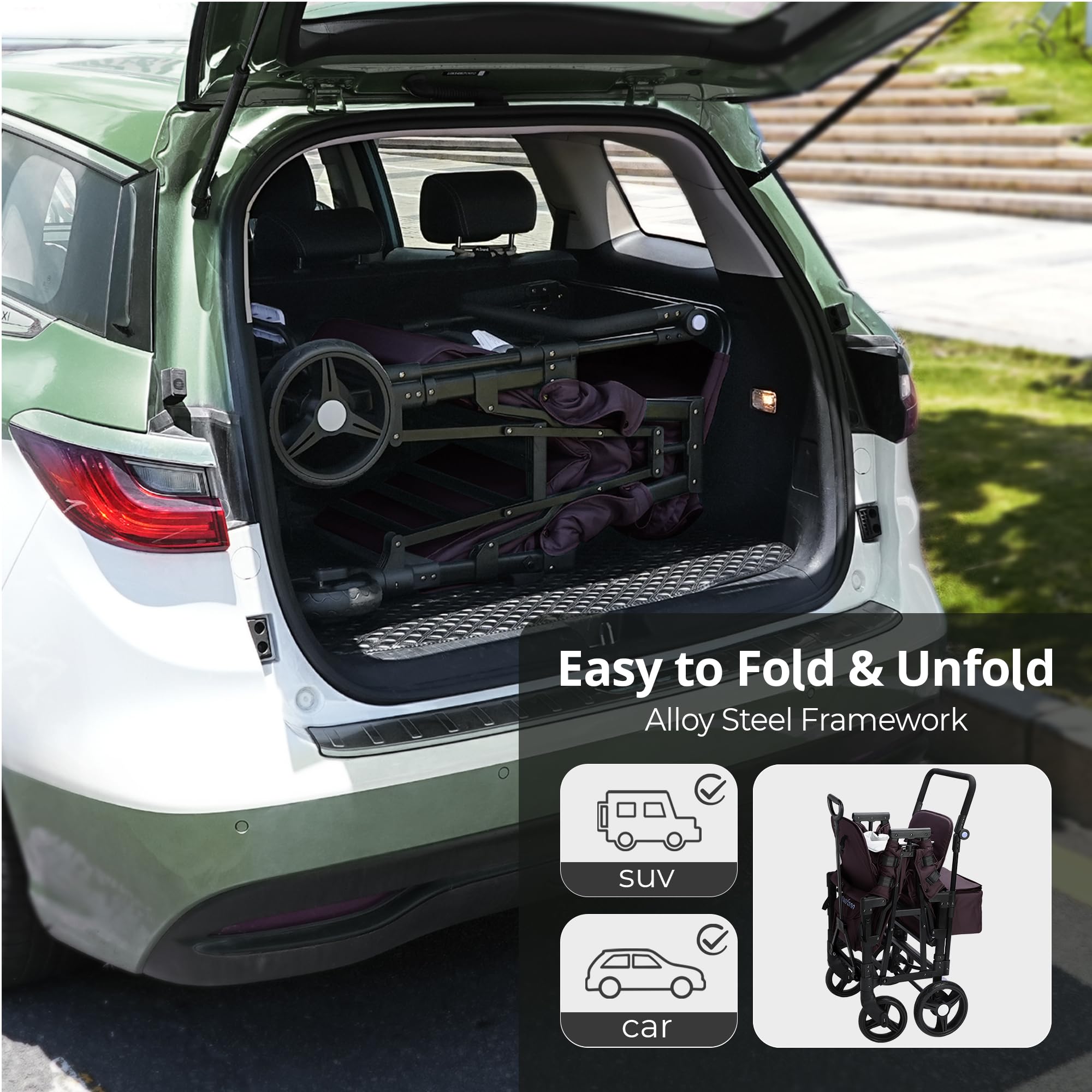 **Best Double Stroller Wagon for 2 Kids - Adjustable Handle Baby Wagon with Canopy & Organizer - Foldable Lightweight Design for Easy Storage - Perfect for Outdoors, Beach, Park & Shopping (Purple)**
