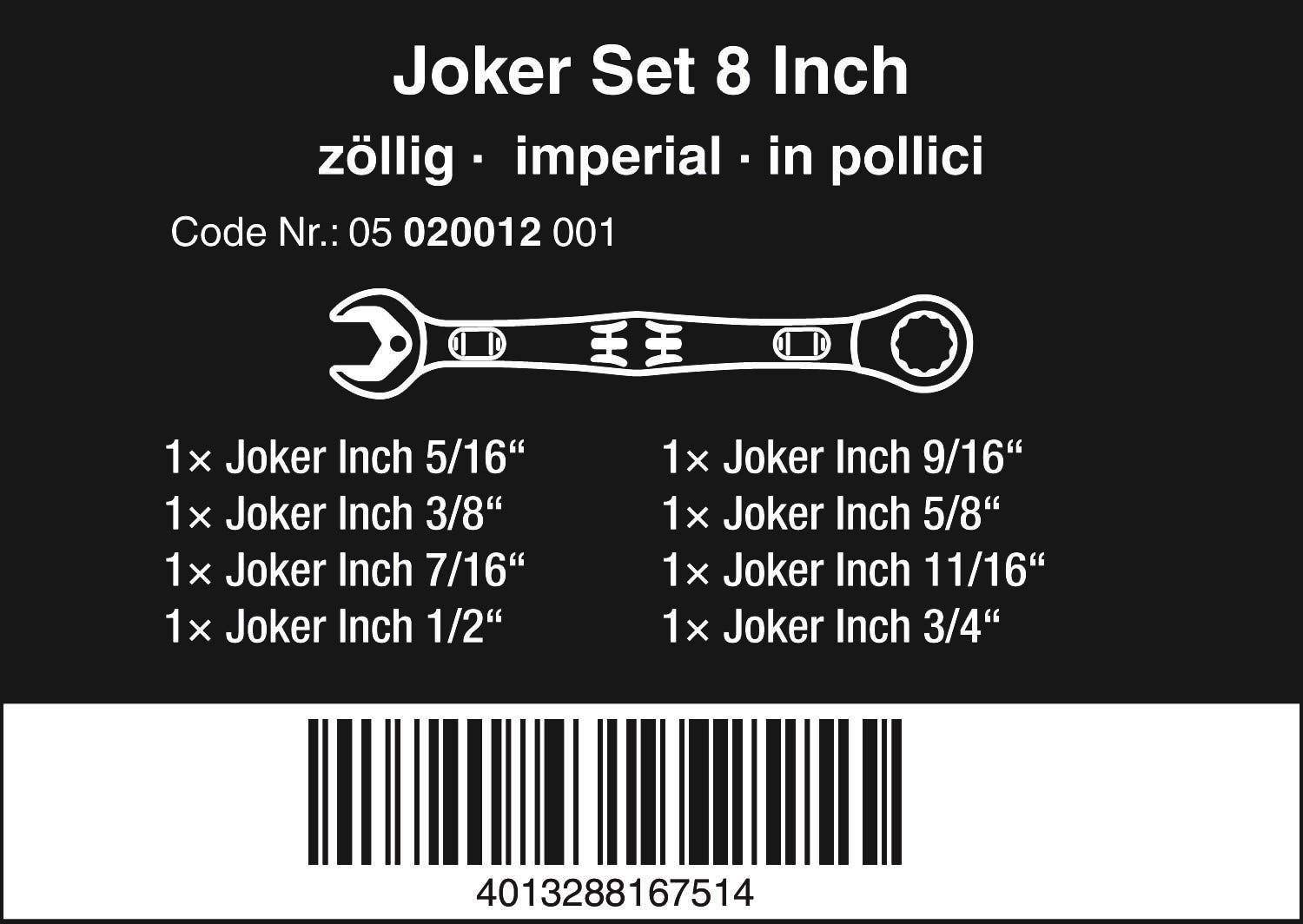 Wera 05020012001 Joker 8-Piece Imperial Combination Wrench Set - Professional Grade Tools for Automotive Repair, Plumbing & DIY Projects