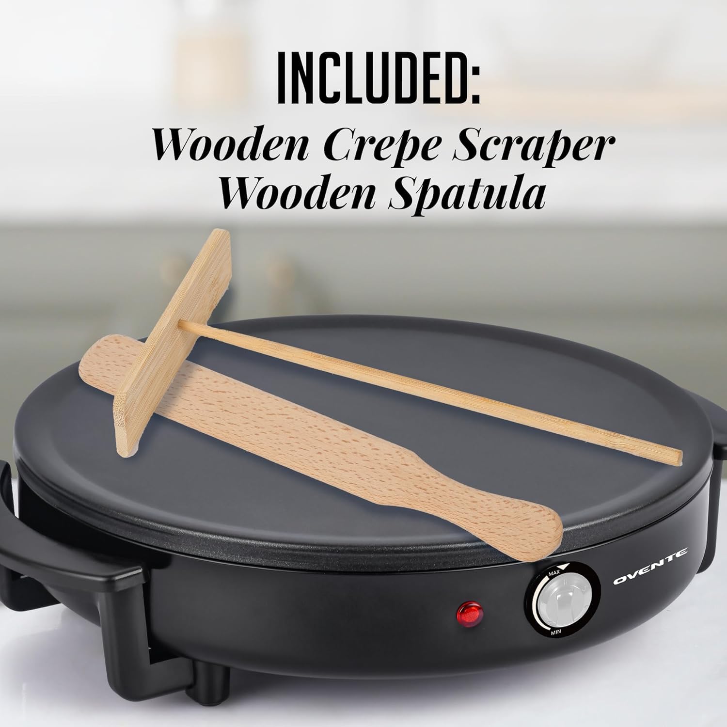 OVENTE 12-Inch Nonstick Electric Crepe Maker & Pancake Griddle with Adjustable Temperature Control, LED Indicator - Perfect for Breakfast, Brunch & Dessert Making at Home - Includes Wooden Spatula & Batter Spreader (Black, Model CRM1122B)