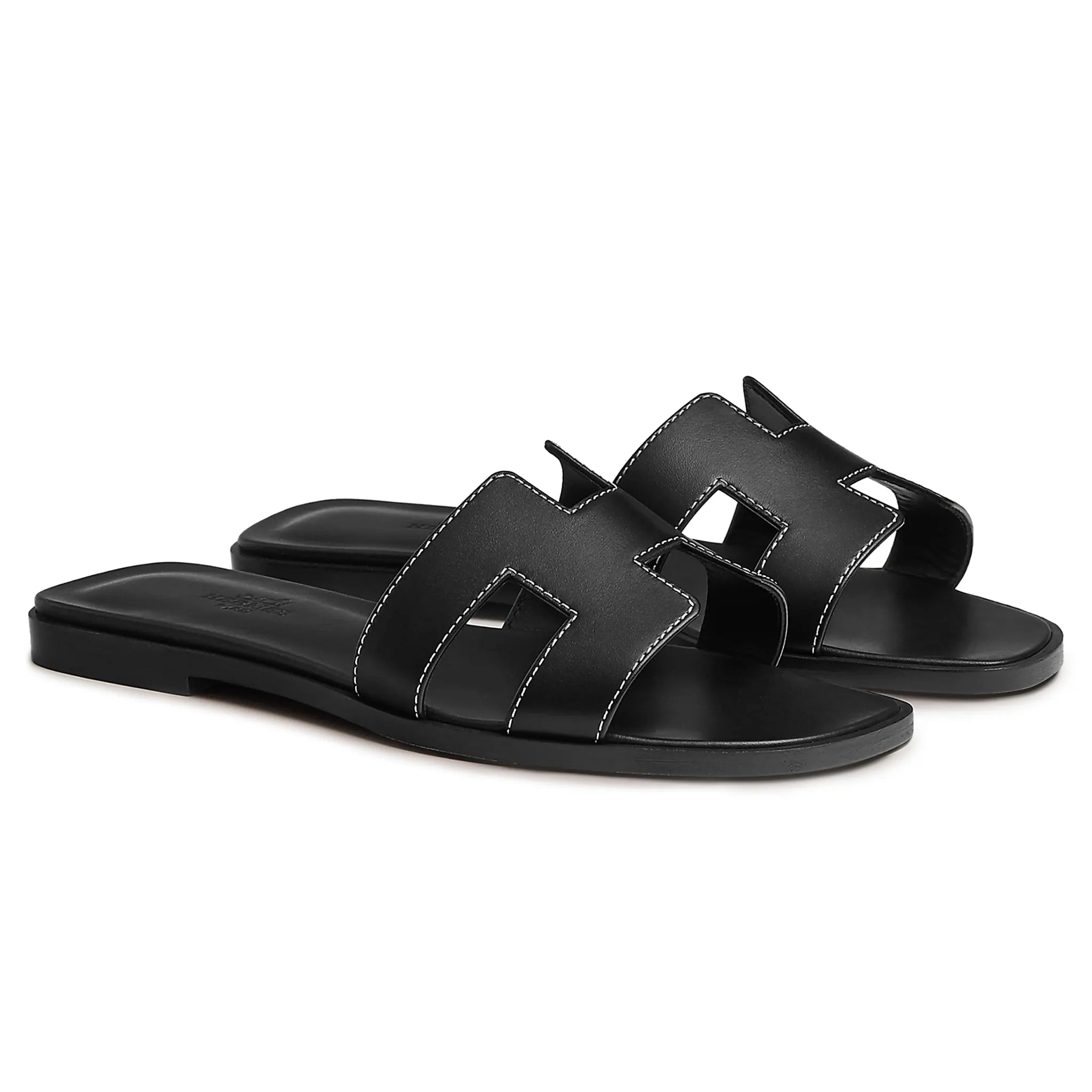 Hermès Paris Oran Black Leather Sandals for Women - Luxury Designer Flat Slides for Summer, Beach & Casual Outfits