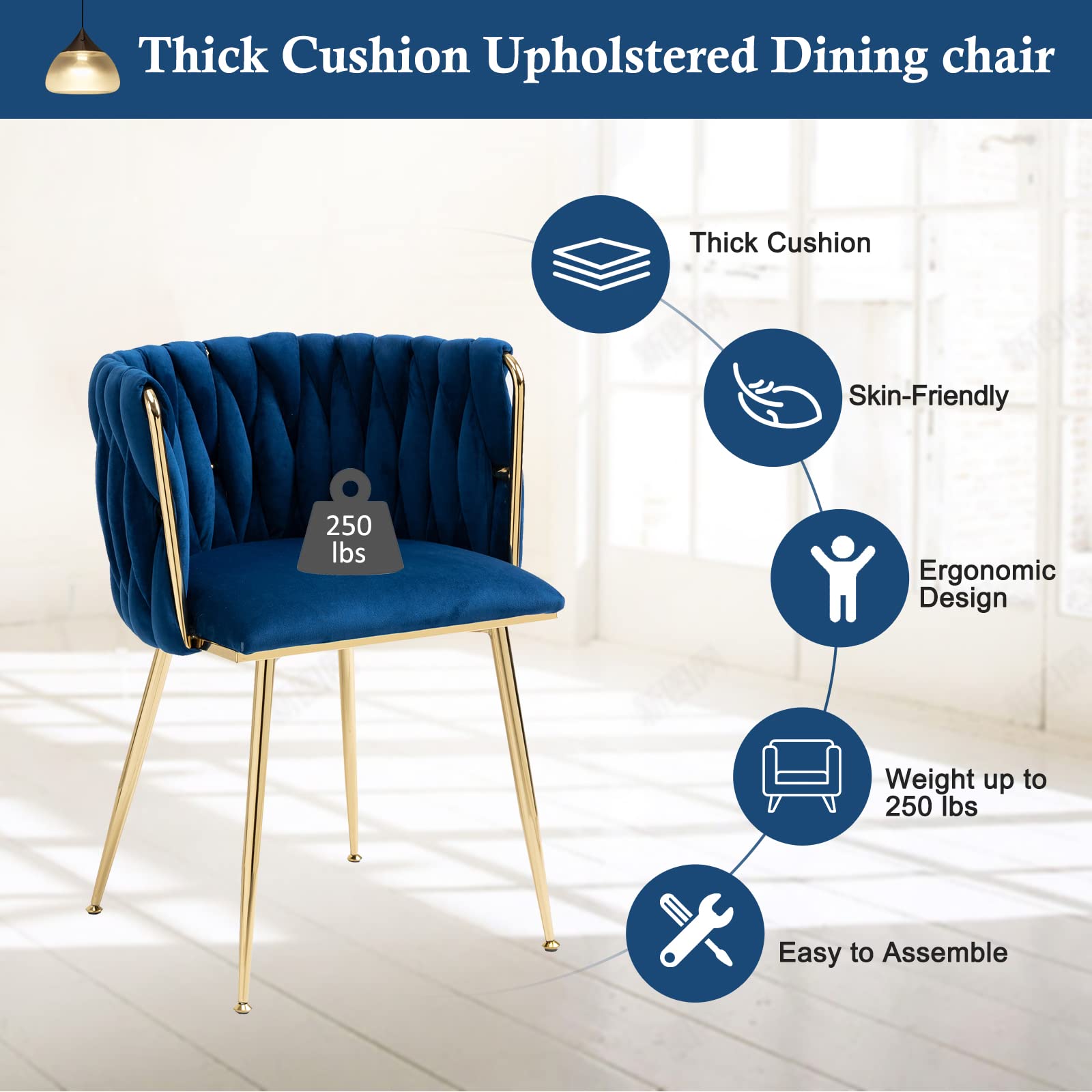 NIOIIKIT Modern Velvet Dining Chairs Set of 2 - Handwoven Upholstered Accent Chairs with Golden Metal Legs for Living Room, Kitchen, Dining Room & Vanity (Navy Blue) | Elegant Seating for Home Decor, Dinner Parties & Cozy Lounging