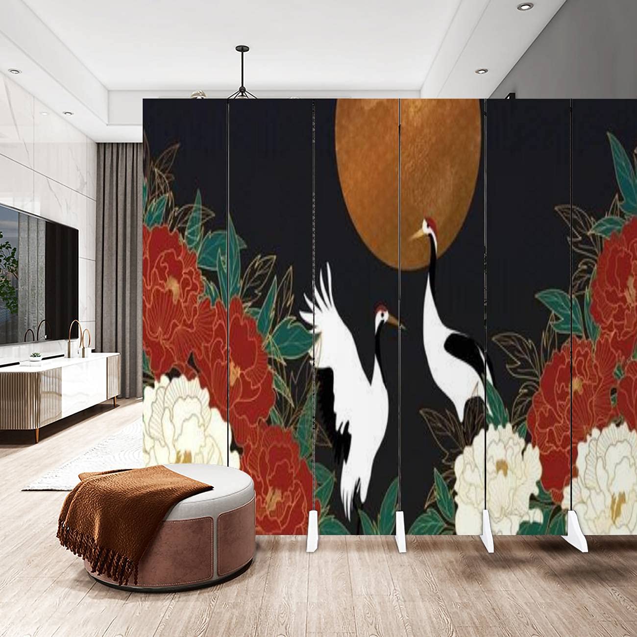 Luxury Gold Floral Oriental Style Room Divider Screen - 6 Panel Folding Privacy Partition with Canvas Background & Flower Wallpaper Design | Perfect for Living Room, Bedroom, Office & Event Space Dividers