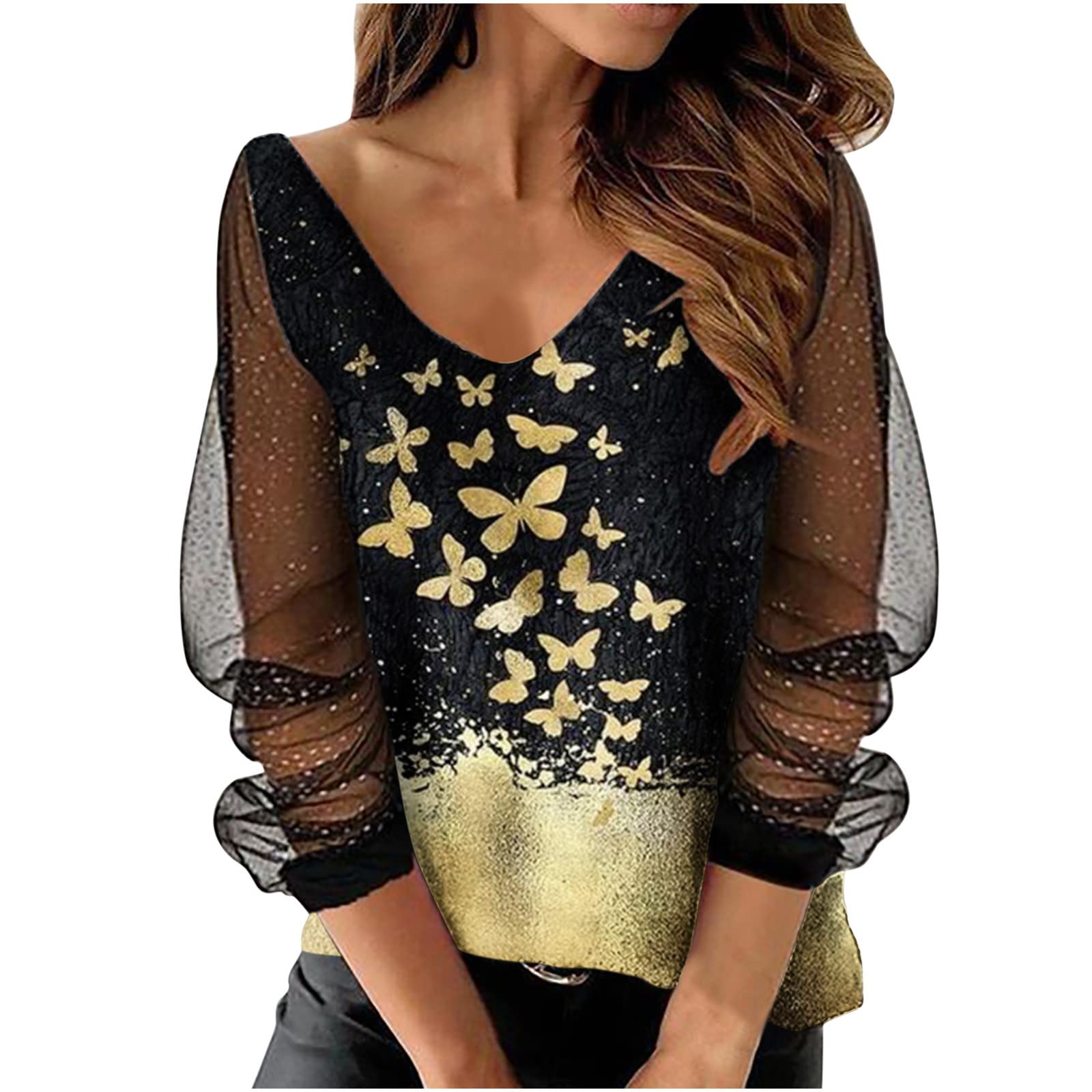 Sexy Long Sleeve Mesh Tops for Women - Fashion V Neck Lace Blouse, Stylish Casual Summer Shirts | Perfect for Date Night, Club Outfits & Office Wear