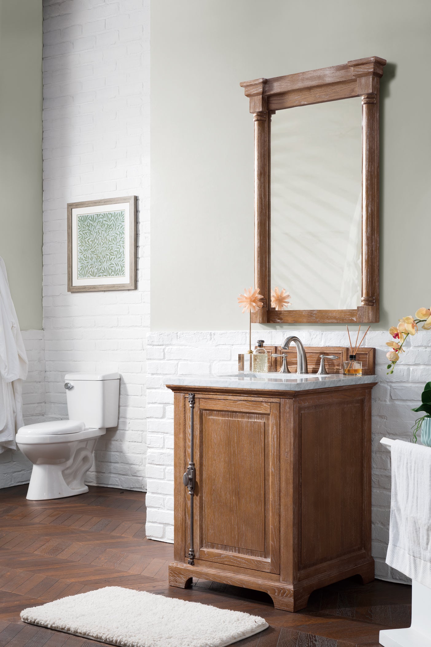 Providence 26 Inch Driftwood Bathroom Vanity with 3CM Carrara Marble Top - Modern Single Sink Vanity for Small Bathrooms & Powder Rooms