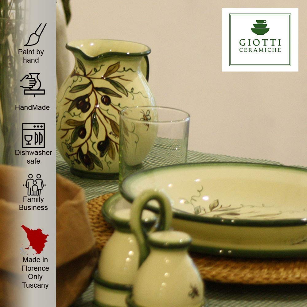 Italian Ceramic Pitcher 33oz - Hand Painted Olive Design Kitchen Carafe & Utensil Holder - Tuscan Pottery Wine Dispenser & Home Decor Vase - Perfect for Italian Kitchen Decor, Wine Serving & Farmhouse Style Dining