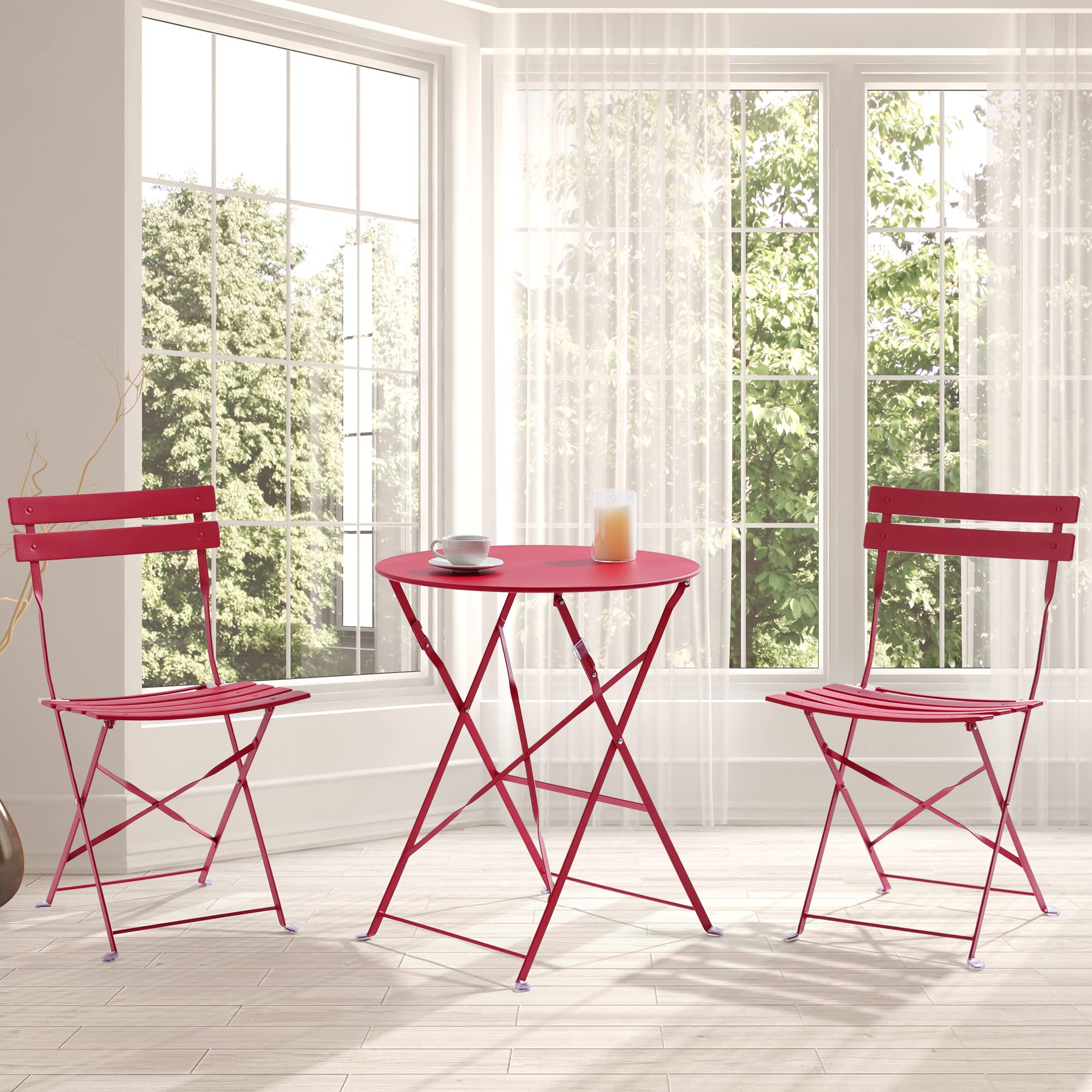 SANLUCE 3-Piece Patio Furniture Set - Acapulco Chair with Glass Top Table & 2 Chairs, Indoor Outdoor Seating Set in Red - Perfect for Garden, Balcony, Poolside & Backyard Relaxation
