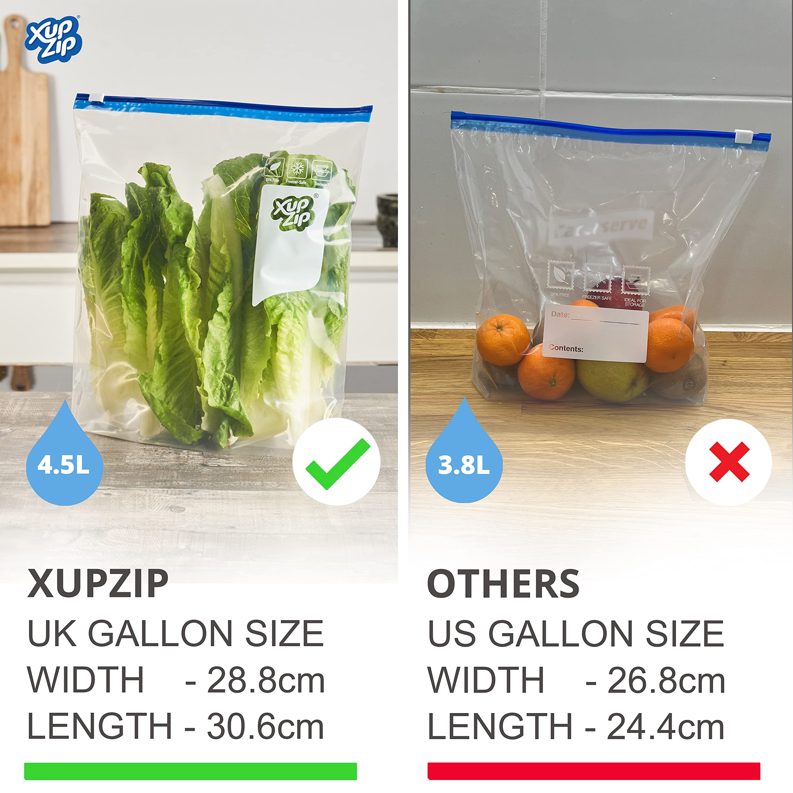 XupZip™ Heavy Duty Freezer Bags with Slider Zipper | Airtight Expandable Bottom Stand & Fill Food Storage Bags | BPA Free Gallon Size (30 Pack, 4.55L) for Meal Prep, Freezing & Organizing