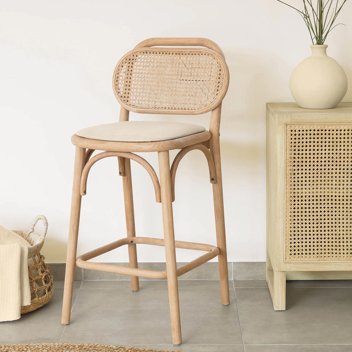 Doriane Rattan Bar Stool - 26 Inch Height, Natural Woven Rattan Barstool with Cushion, Counter Height Stool for Kitchen Island, Breakfast Nook, or Outdoor Patio Bar