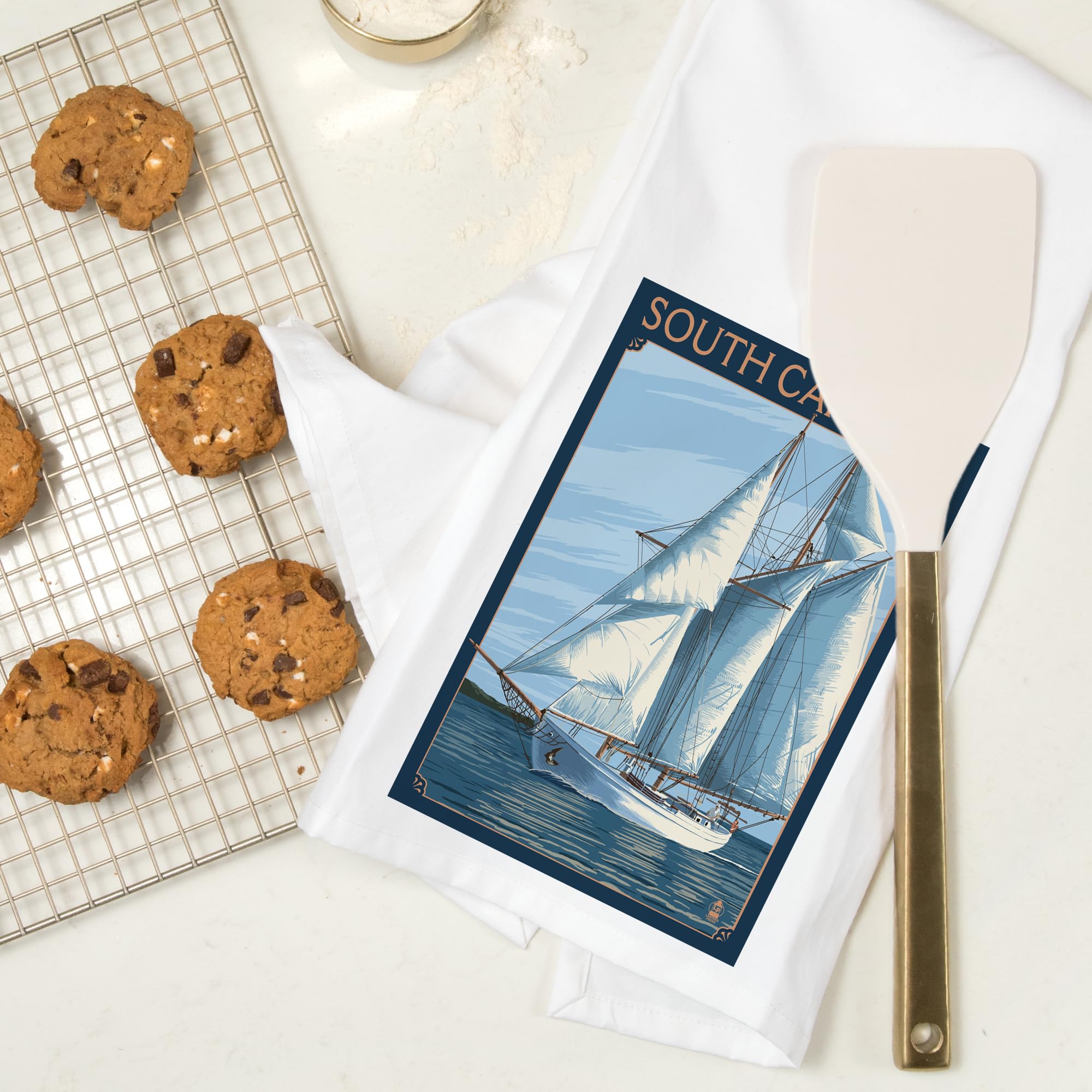 Lantern Press South Carolina Schooner Sailboat Cotton Tea Towel - 100% Cotton Decorative Hand Towel for Kitchen, Bathroom & Home Decor - Perfect for Dish Drying, Gift Giving & Coastal Themed Decor