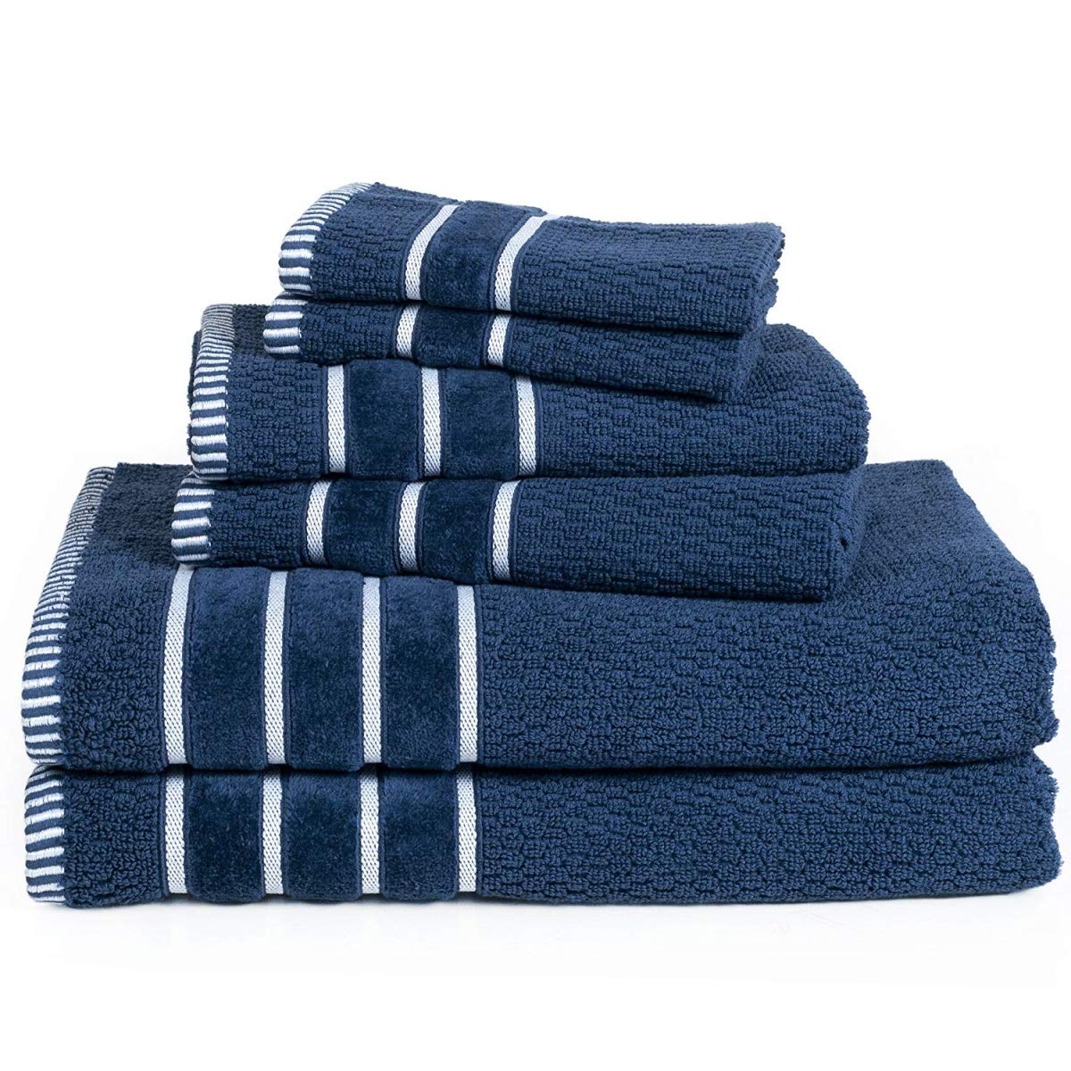 Bedford Home 100% Cotton Rice Weave 6-Piece Bath Towel Set - Navy Blue | Soft & Absorbent Towels for Bathroom, Spa & Beach Use