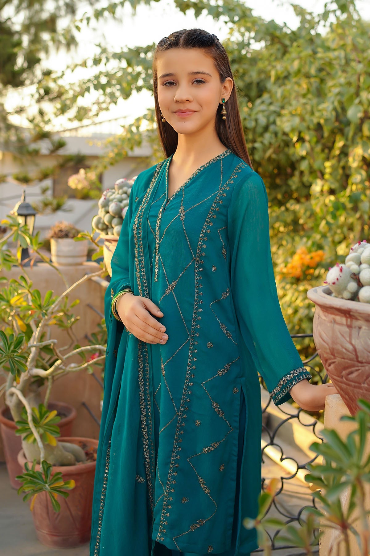 Elegant Chiffon Embroidered Green Stitched Suit in Ochre - Perfect for Weddings, Parties & Special Occasions
