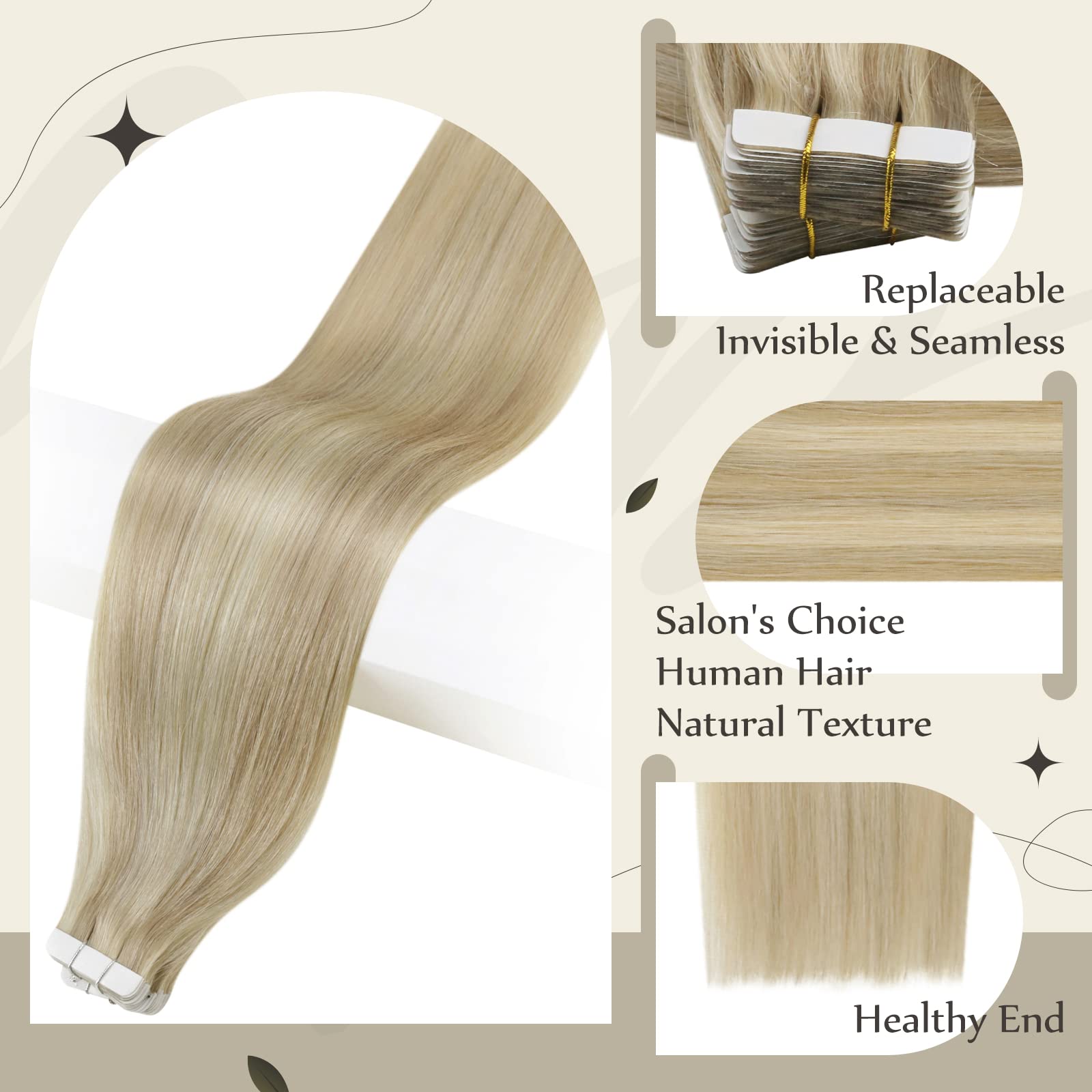 Premium Remy Human Hair Tape-In Extensions - 40Pcs/100Grams (Blonde Highlights, Silky Straight & Soft) for Short Hair - Includes #60 & P16/22 Packs - Perfect for Daily Styling, Volume Boost & Special Occasions