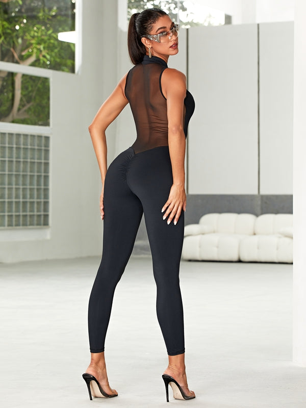ZASUWA Women's Sexy Sheer Mesh Deep V Back Zipper Jumpsuit with Scrunch Bum - Perfect for Night Out, Club Wear & Party Outfits