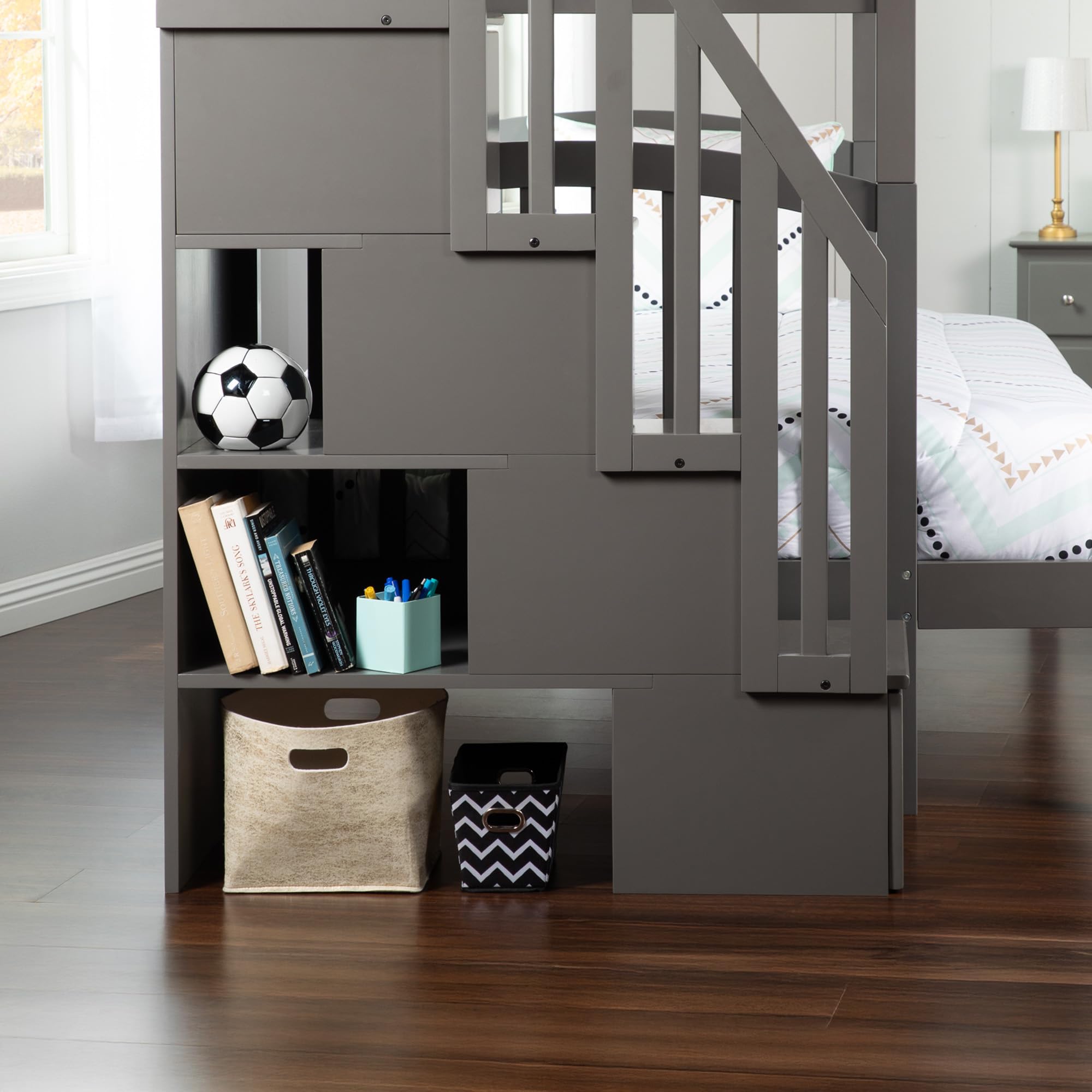 AFI Westbrook Twin Over Full Staircase Bunk Bed with Trundle & USB Charger - Space-Saving Grey Kids Bedroom Furniture for Sleepovers & Small Rooms