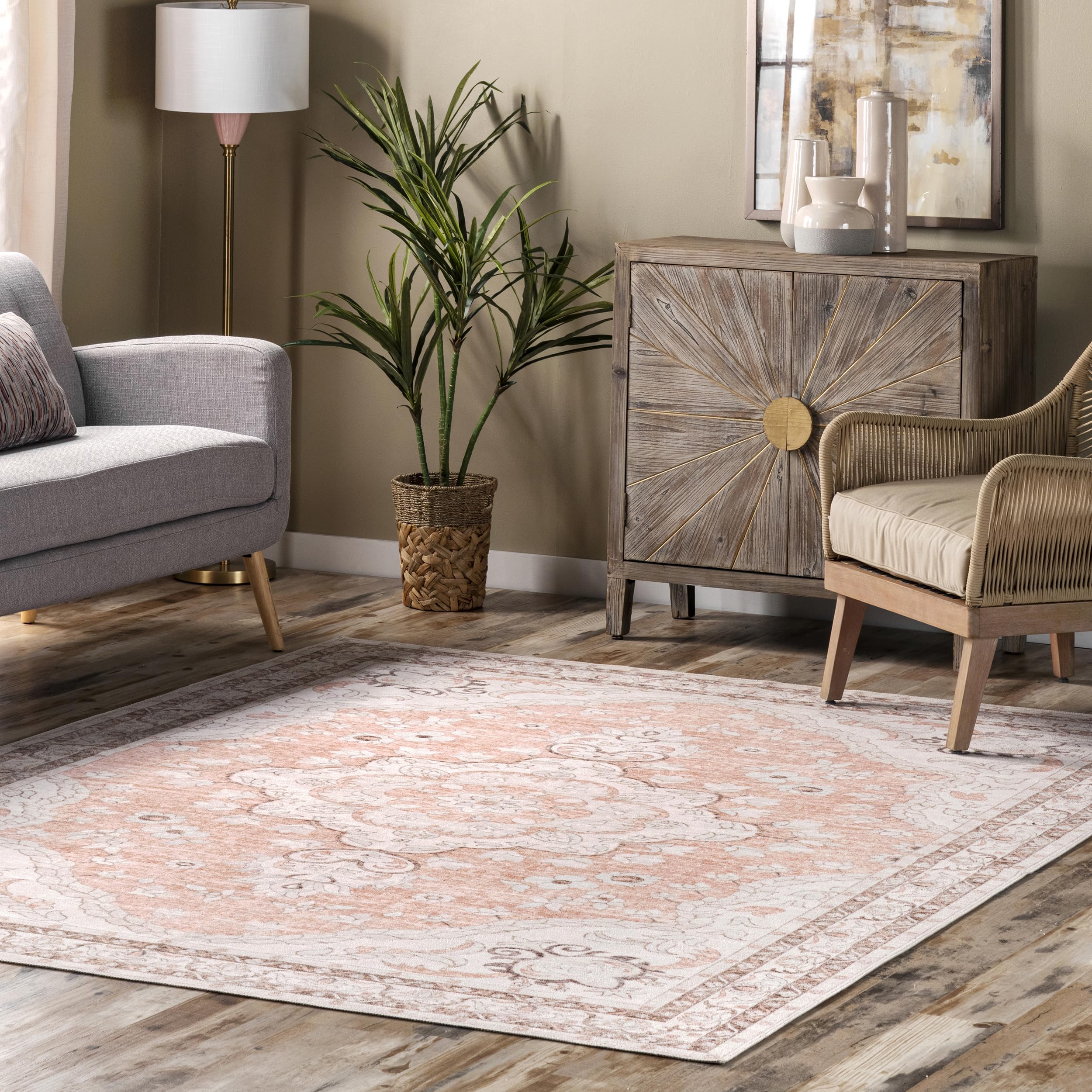 nuLOOM Tracie Machine Washable Floral Medallion Ultra Thin Area Rug 8x10 Peach - Perfect for Living Room, Bedroom & Dorm Decor