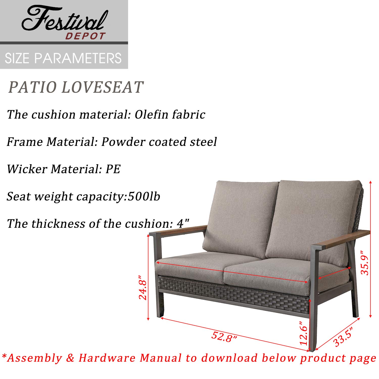 Festival Depot Patio Loveseat with Wicker Back & Thick Cushions - Metal Frame Outdoor Furniture for Garden, Deck, Backyard - Dark Grey - Perfect for Relaxing, Entertaining & Outdoor Lounging