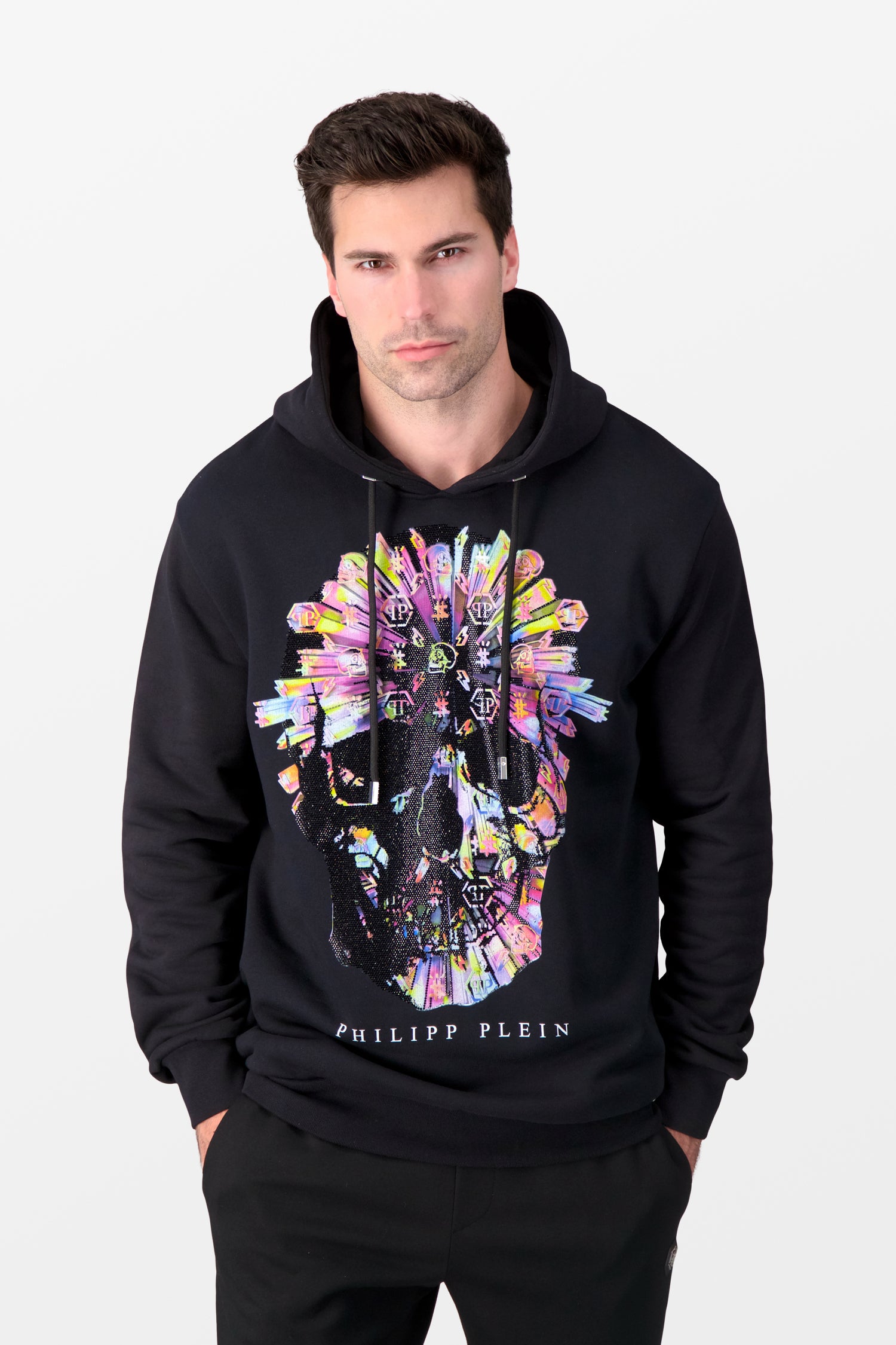 Philipp Plein Multicolor Skull Print Black Hoodie for Men - Stylish Streetwear for Casual Outings and Nightlife