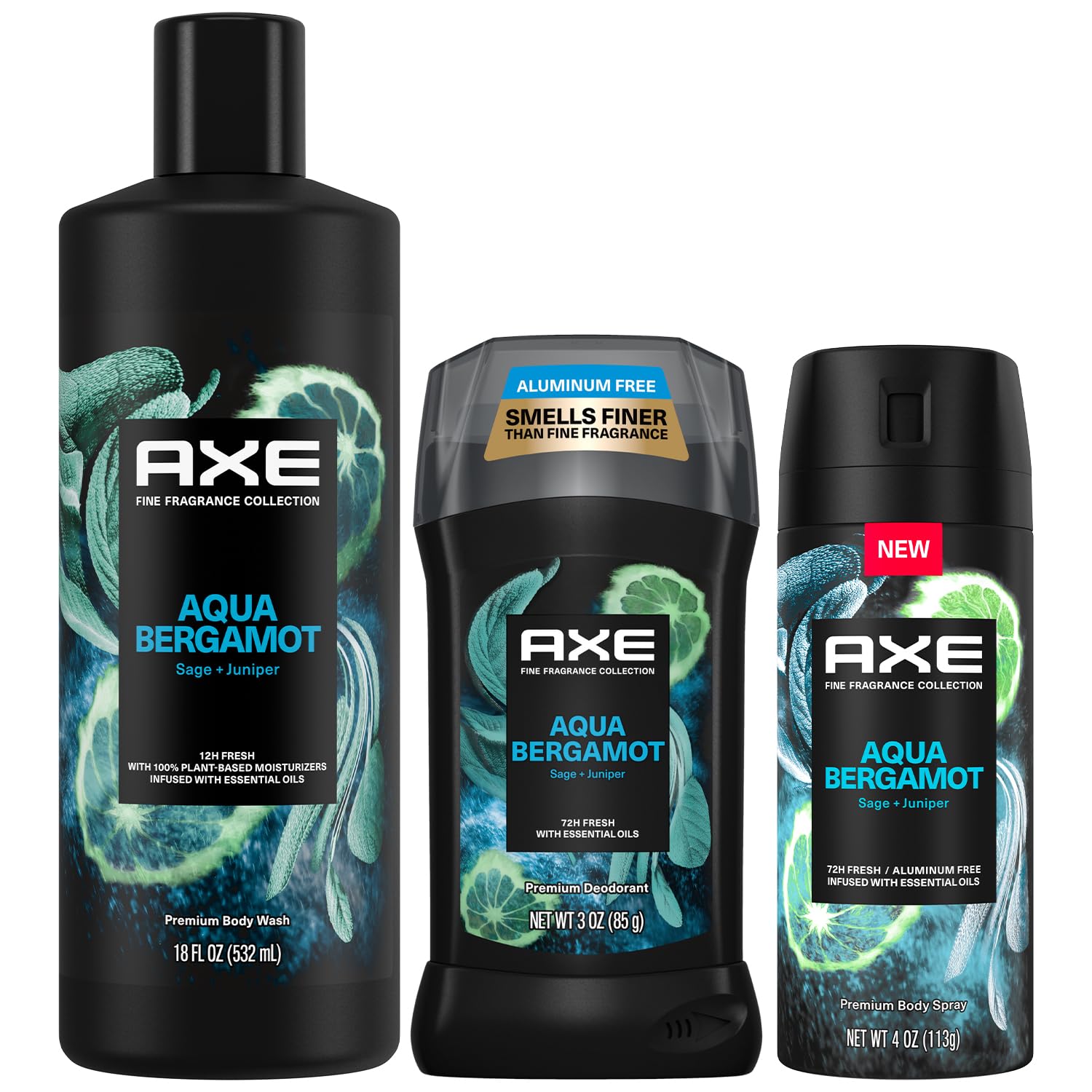 AXE Aqua Bergamot Men's Grooming Gift Set - 3-Piece Body Wash, Body Spray & Deodorant with Sage & Juniper Fragrance | Perfect for Daily Use, Gym & Travel