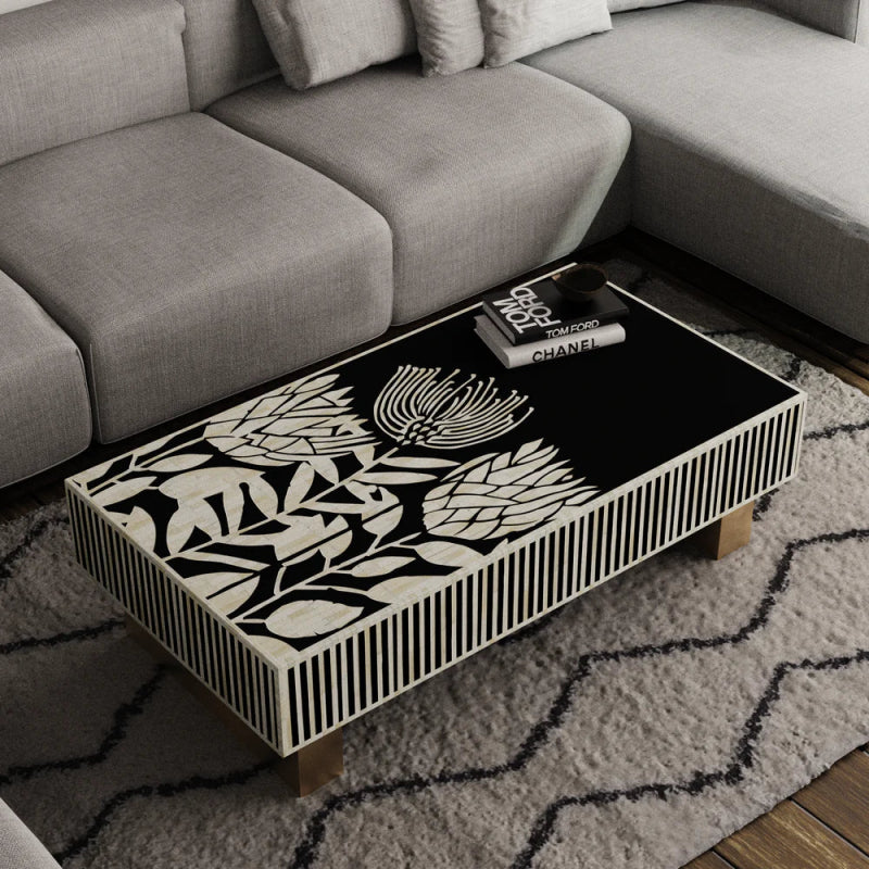 Handmade Bone Inlay Coffee Table - Black and White Floral Design Rectangular Accent Table for Living Room, Home Decor, Boho Style Furniture - Perfect for Modern, Vintage & Eclectic Interiors