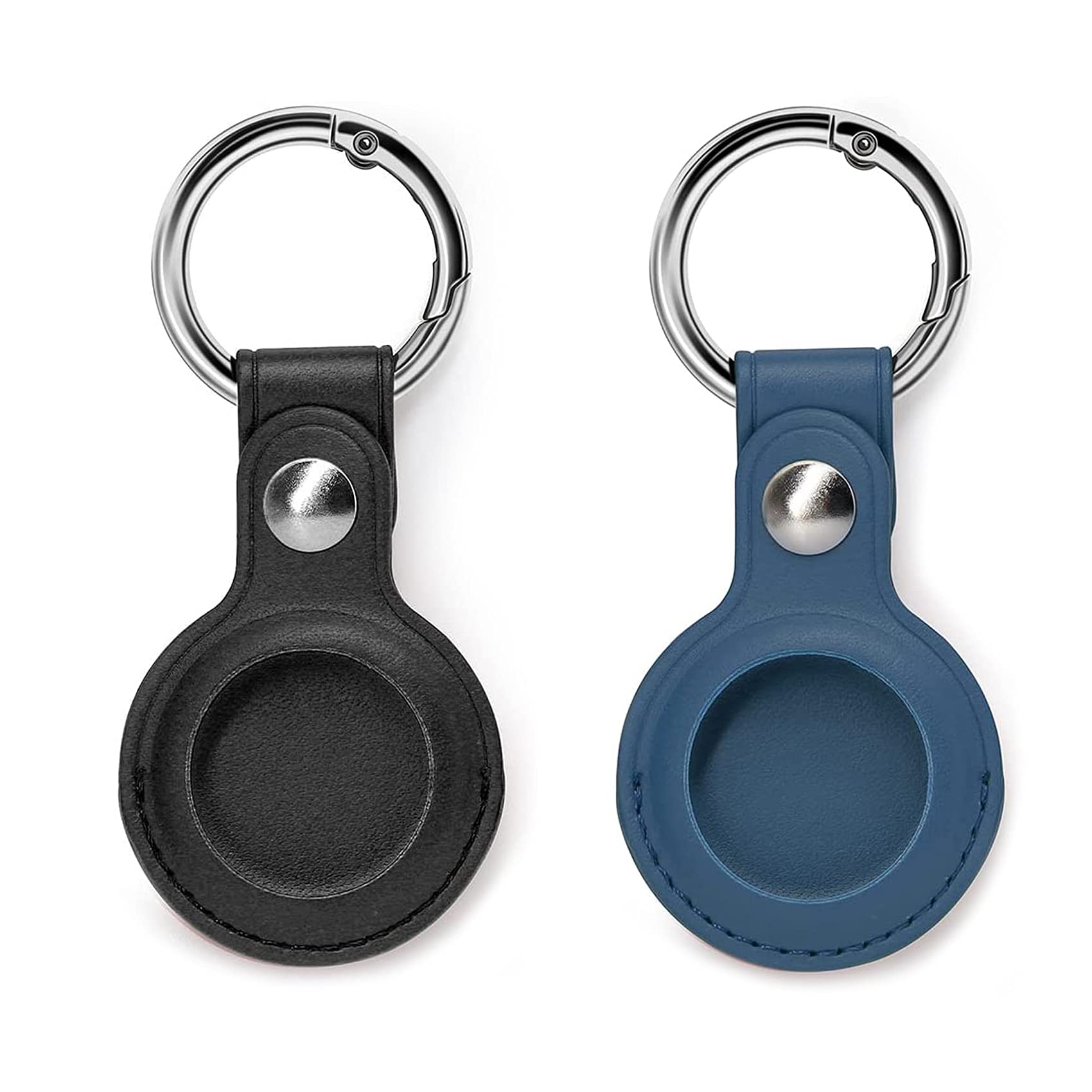 Apple AirTag Keychain Holder - 2 Pack PU Leather Case for AirTags, Anti-Lost Key Ring Compatible with Pet Tracking (Black + Blue) - Perfect for Keys, Bags & Luggage Tracking