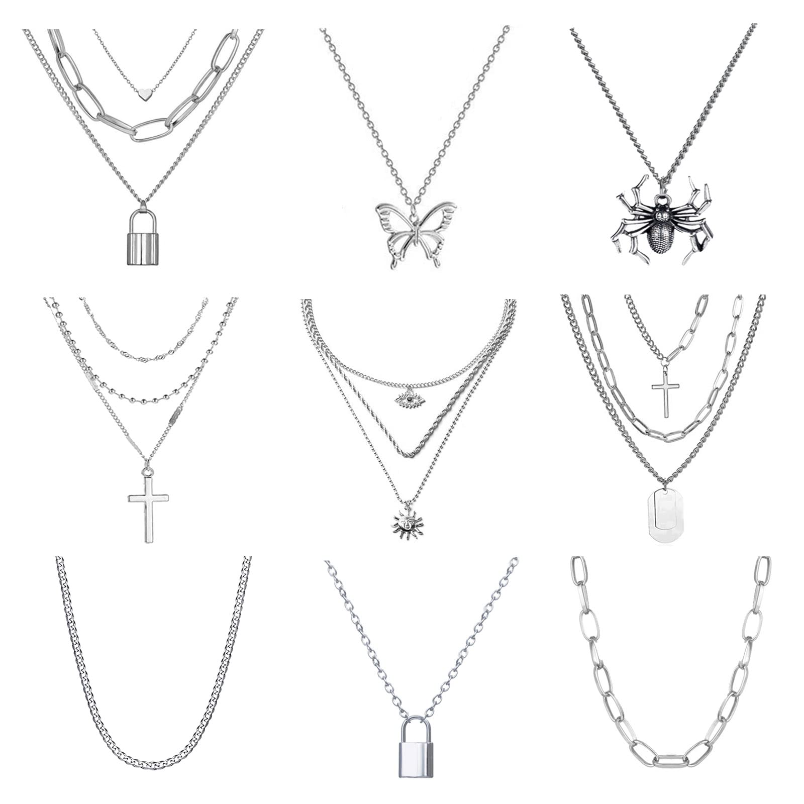 9 PCS Gothic Necklace Set for Men & Women - Silver Layered Chain Necklaces, Punk Choker, Y2K Alt Jewelry for Emo, Egirl, Eboy - Perfect for Concerts, Parties & Everyday Goth Fashion