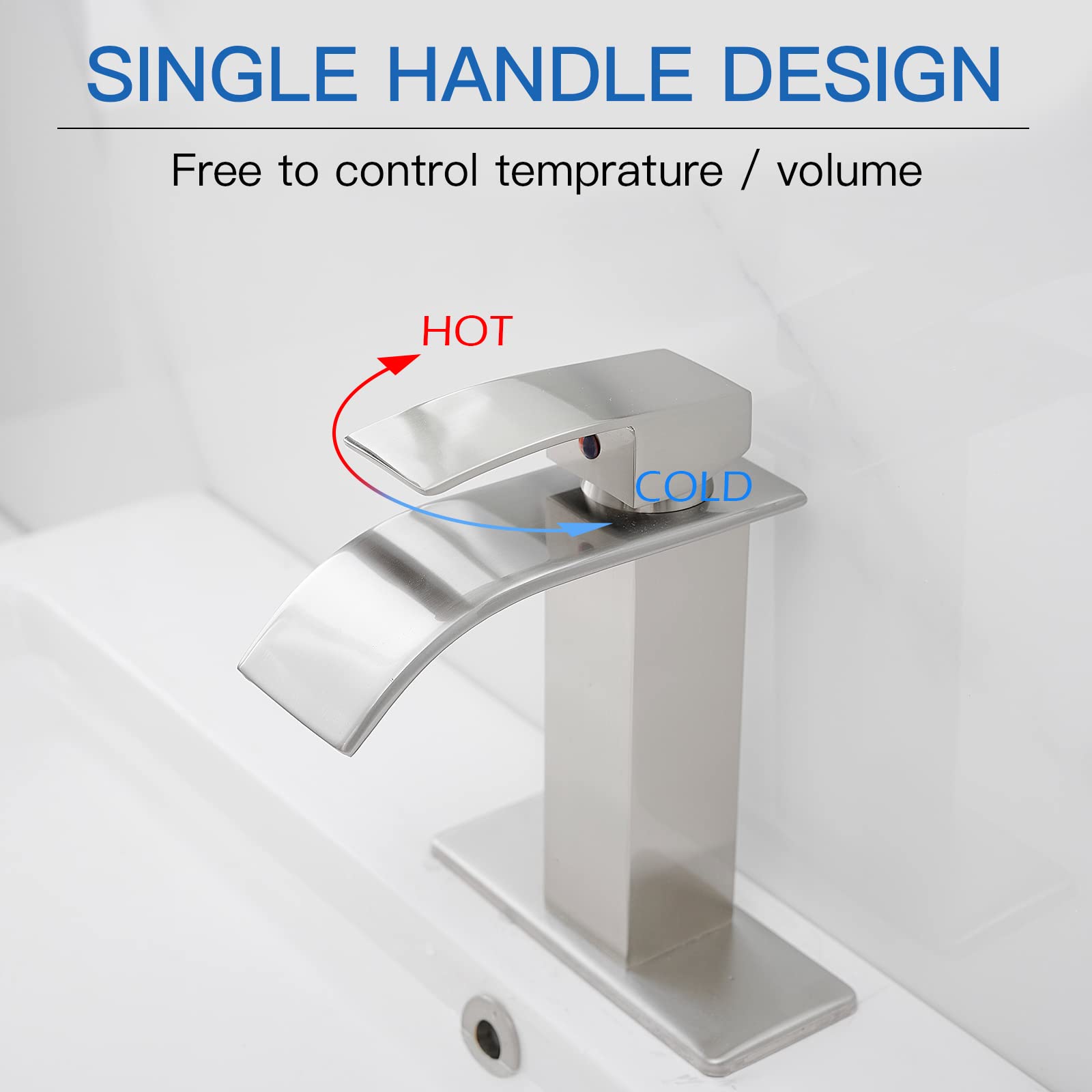 BWE Brushed Nickel Waterfall Bathroom Faucet - Single Handle Vanity Sink for Modern Bathrooms