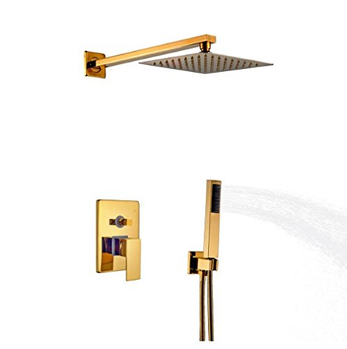 GOWE 8-in Square Shower Head Set - Wall Mounted Widespread Gold Polish Shower System with Handheld Shower for Bathroom | Perfect for Modern Home, Spa-Like Experience & Water Saving