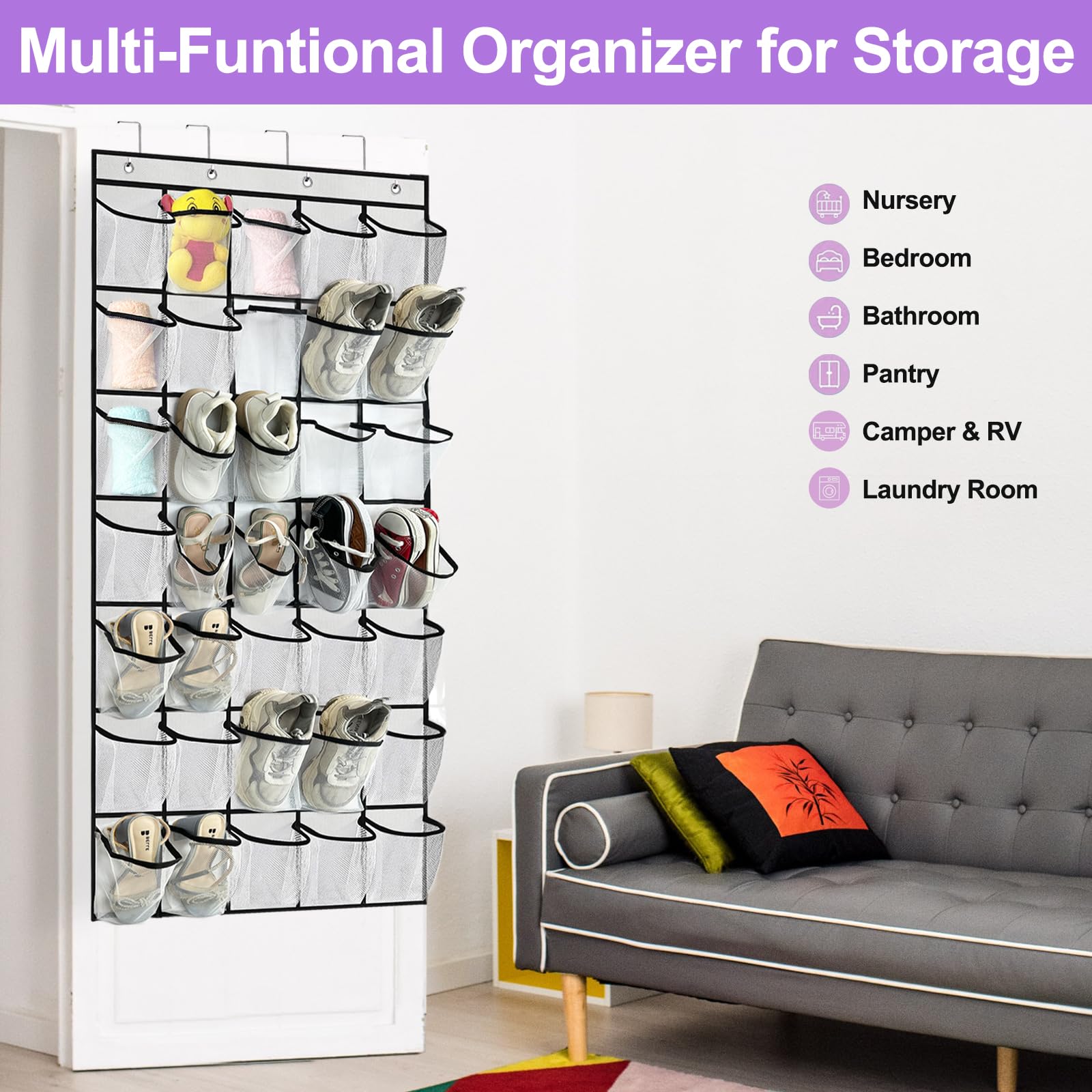 35-Pocket Over The Door Shoe Organizer - Heavy Duty Oxford Fabric Hanging Shoe Rack for Closet & Wall Storage - Mesh Shoe Holder for Men & Women (White) - Perfect for Small Spaces, Dorm Rooms & Apartment Organization