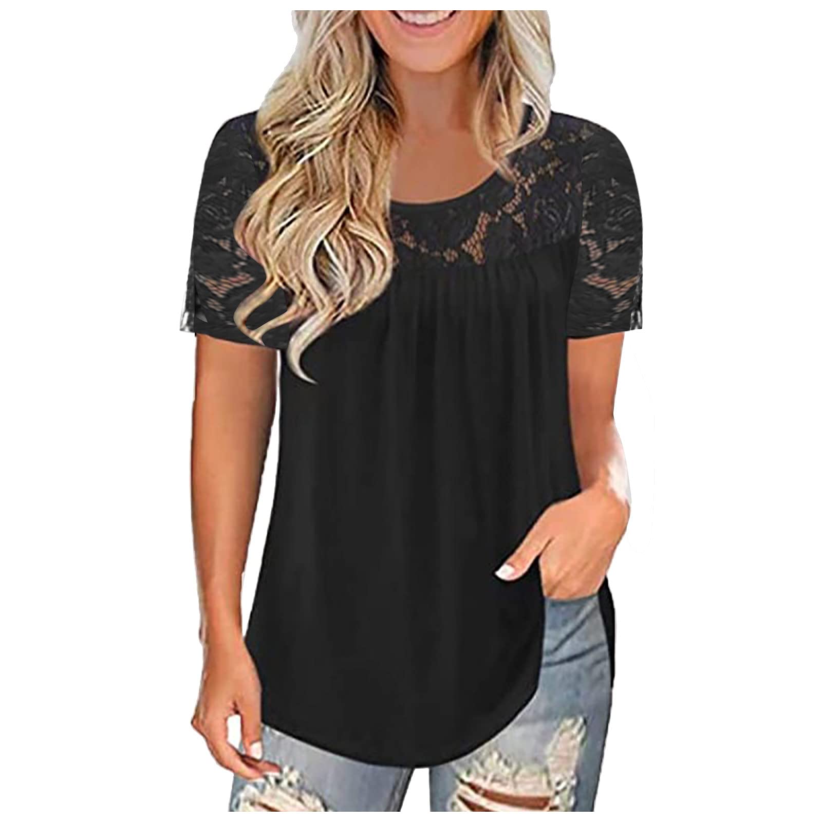 Fankle Women's Plus Size Short Sleeve Blouse - Lace Pleated Tunic Top for Casual Wear & Office Outfits | Comfortable Summer Shirts for Curvy Women
