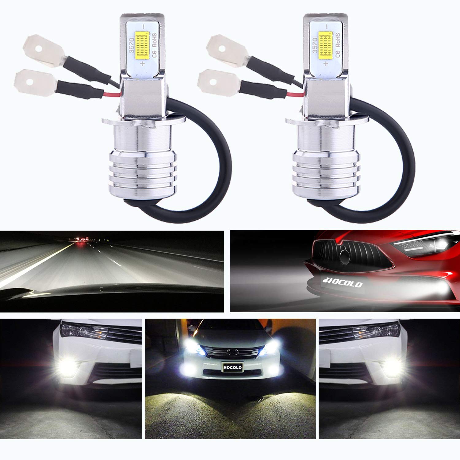 HOCOLO H3 LED Bulbs 6500K White - High Brightness DRL Fog Driving Lights for Cars - Replace Halogen 3570 CSP Chips - Plug-N-Play Installation - Pack of 2 (H3_Fog/DRL, White/6000K) - Perfect for Daytime Running & Nighttime Visibility
