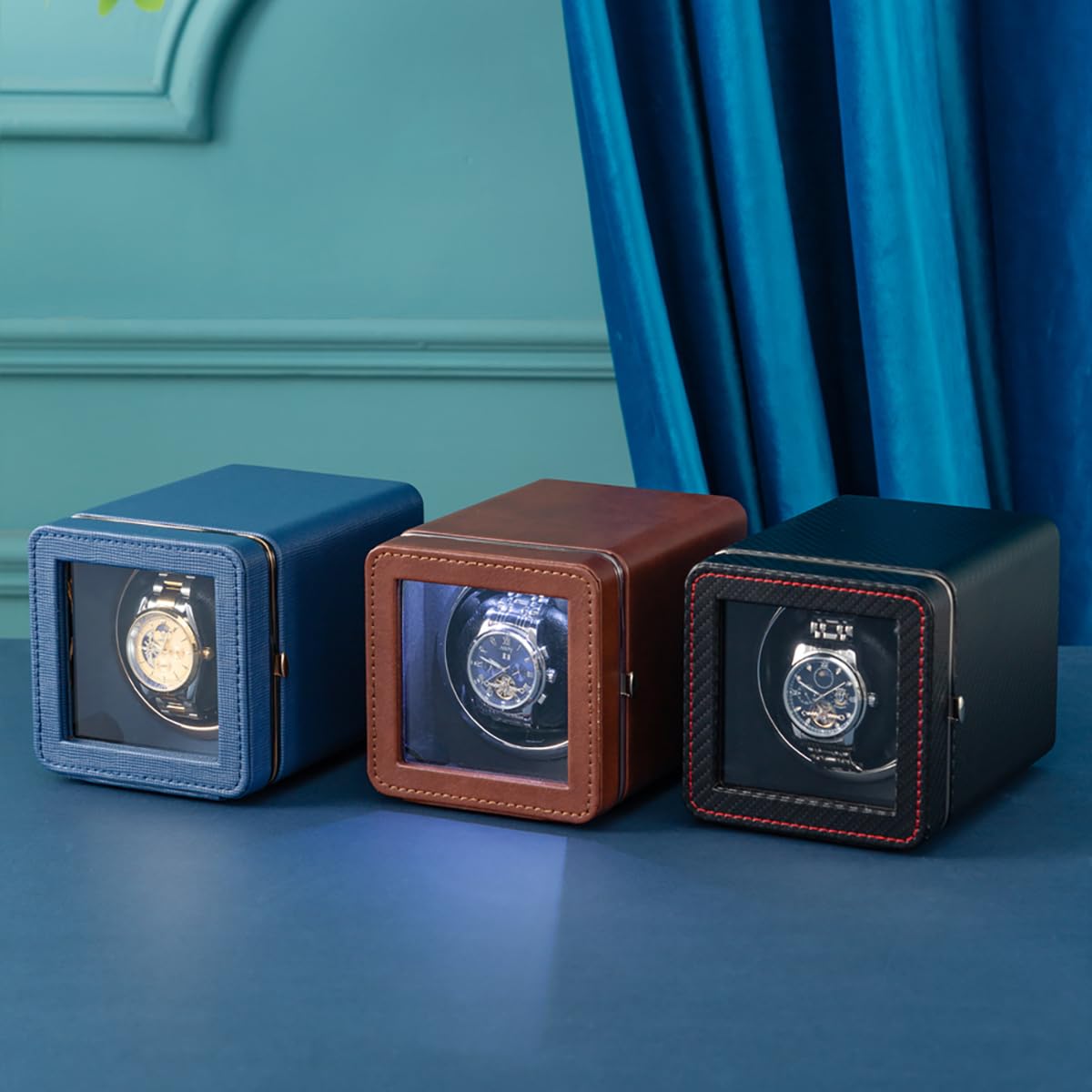 Premium Automatic Watch Winder with Japanese Brushless Silent Motor - Modern Leather Surface Design with Ambient LED Lighting - Perfect for Automatic Watch Storage & Display - Ideal Gift for Watch Collectors & Trendy Professionals (Black)