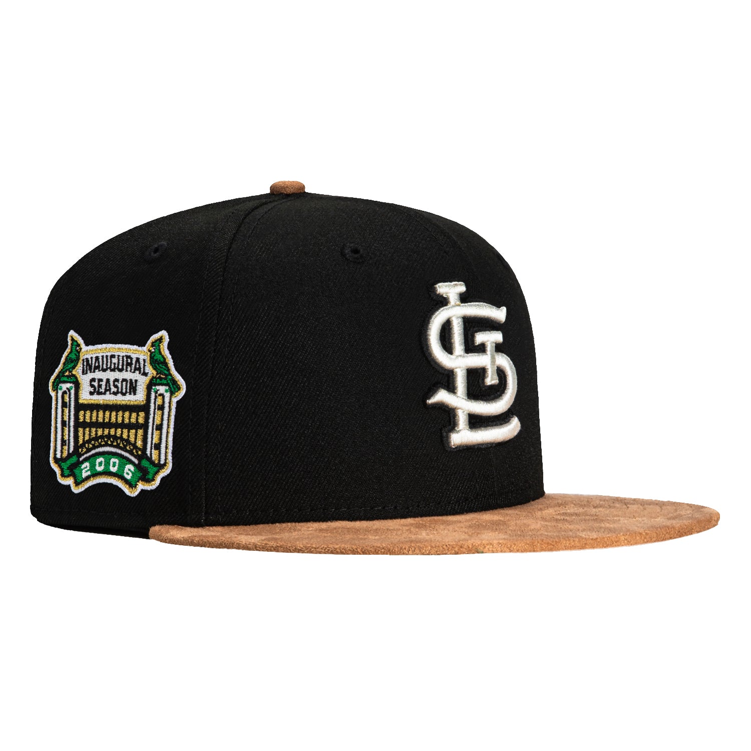 New Era 59Fifty Suede Visor St Louis Cardinals MLB Baseball Cap with Busch Stadium Patch - Black & Tan for Men's Sports Fashion & Game Day Outfits