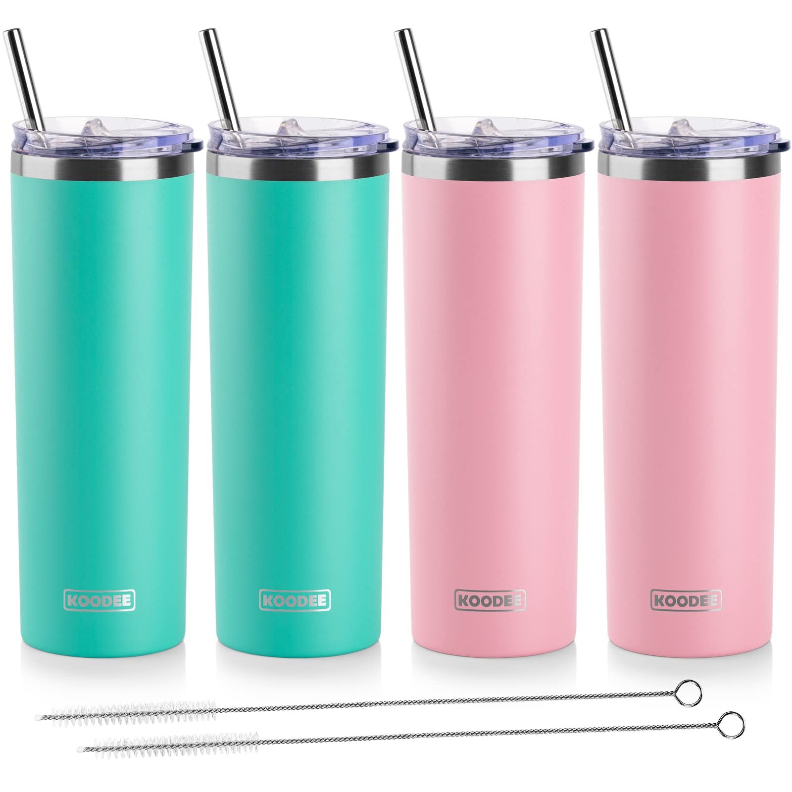 **KOODEE 20 oz Stainless Steel Skinny Tumbler (4 Pack) – Double Wall Insulated Water Cup with Lids, Straws & Brush – Teal & Pink (2 Each) – Perfect for Gym, Office & Travel**