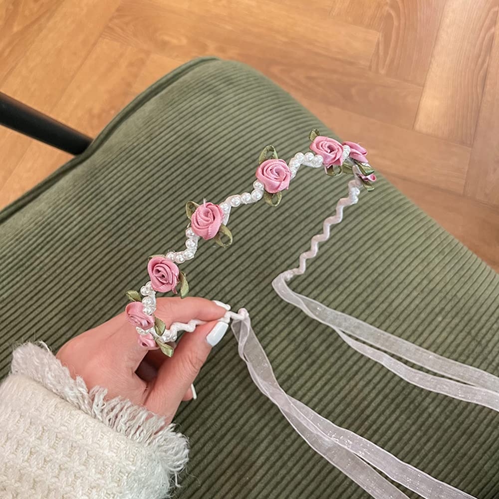 Fashionable Women's Floral Headband with Tassels and Pearl Beads - Elegant Hair Accessories for Women & Girls (Pink) - Perfect for Weddings, Parties and Everyday Wear