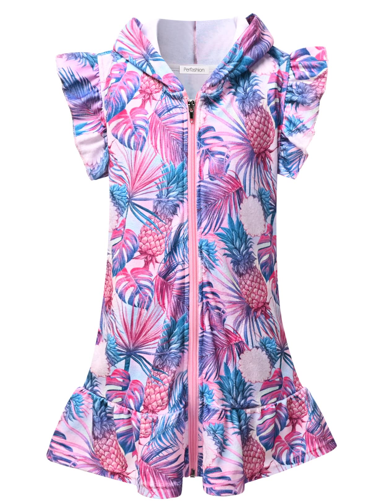 Perfashion Girls' Terry Swim Cover Up - Hooded Zip-Up Kids Beachwear for Pool, Beach & Summer Vacations