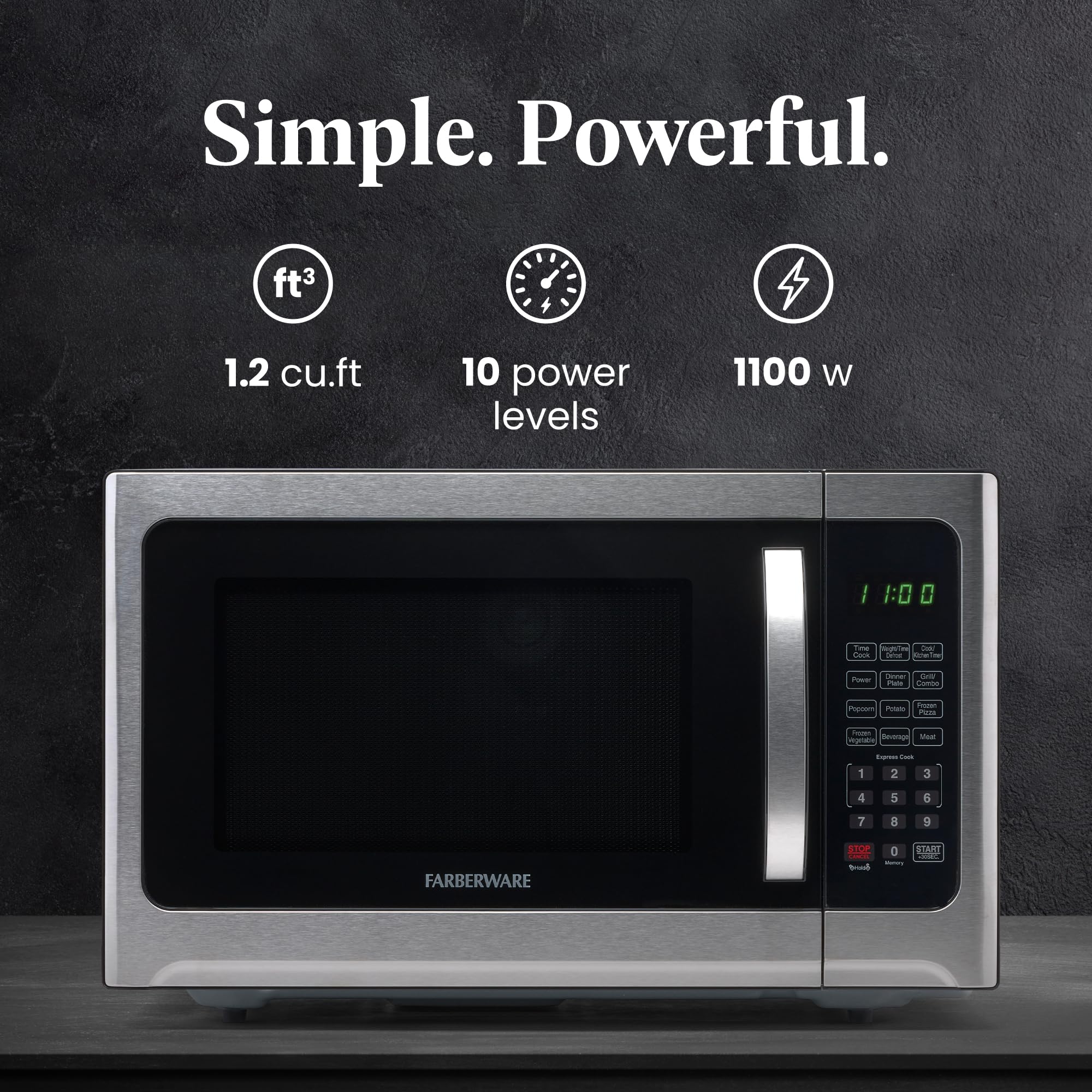Farberware 1.2 Cu. Ft 1000W Countertop Microwave Oven with LED Lighting, Child Safety Lock & Easy-Clean Gray Interior - Stainless Steel - Perfect for Small Kitchens, Dorms & Office Break Rooms