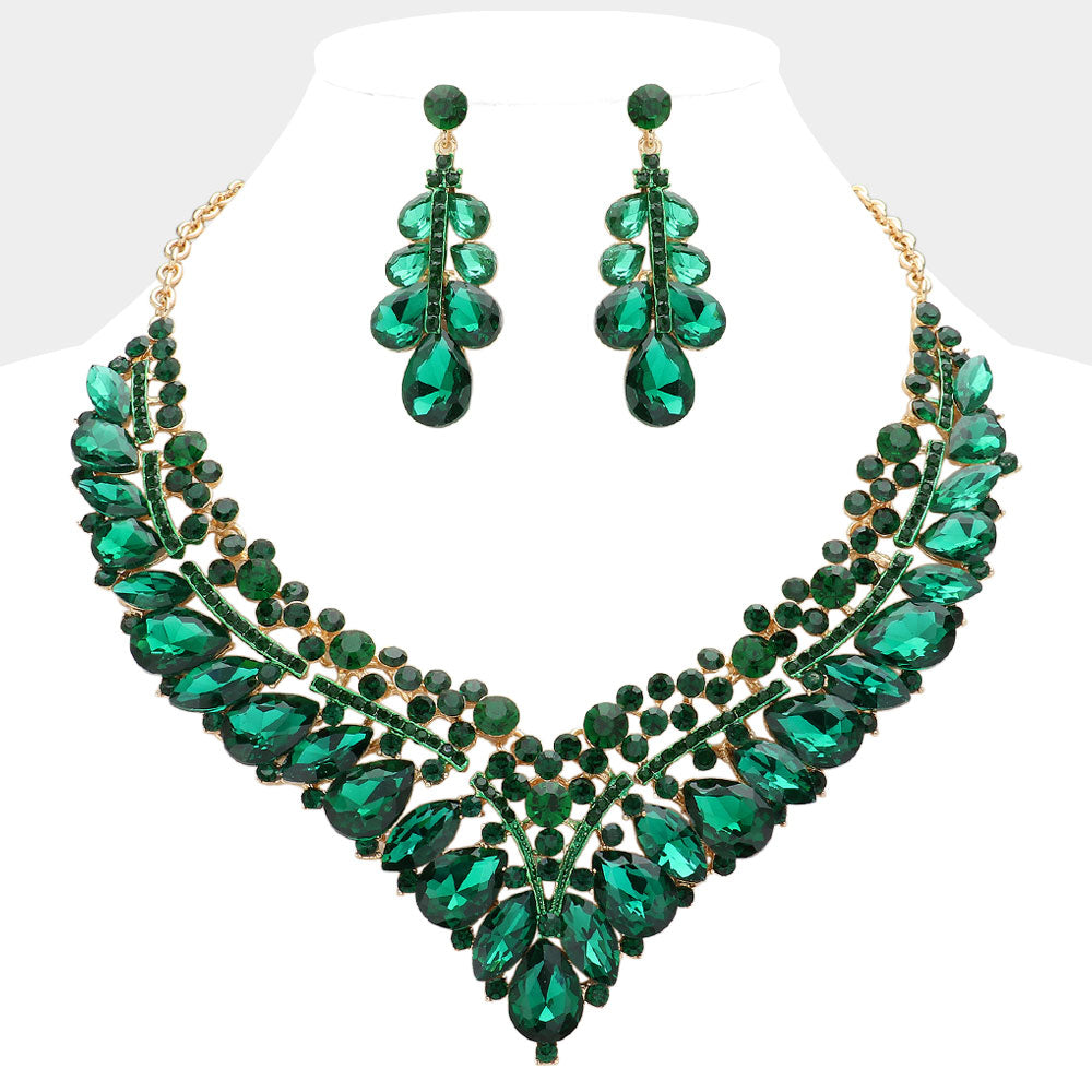Emerald Teardrop Marquise & Round Stone Crystal Statement Necklace Set | Elegant Evening Jewelry for Women | Perfect for Parties, Weddings & Special Occasions