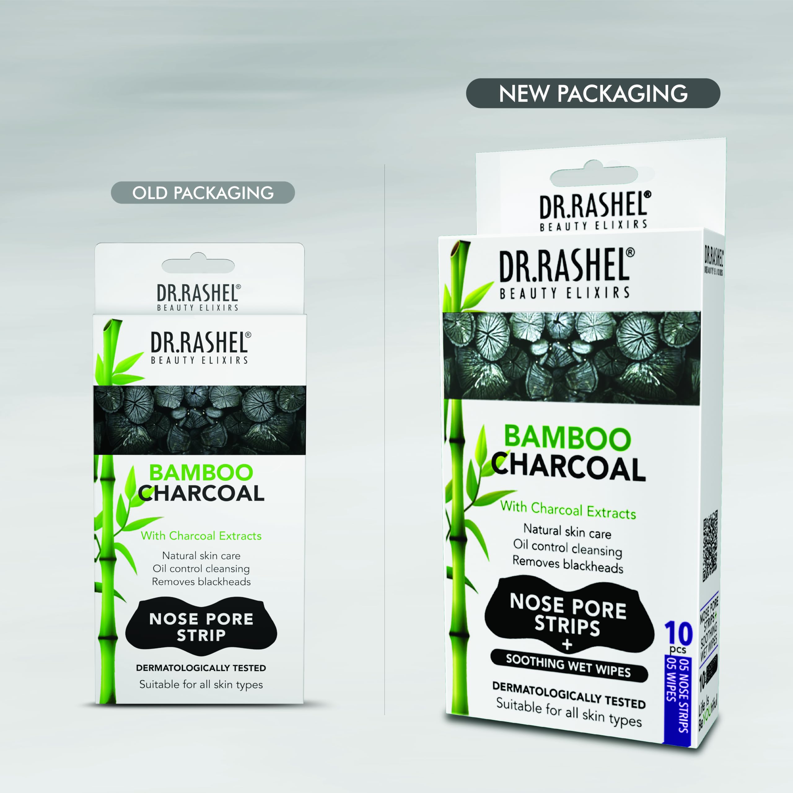 Dr. Rashel Bamboo Charcoal Nose Pore Strips - 10 Pack (5 Strips & 5 Wipes) with Charcoal Extracts for Oil Control & Deep Cleansing | Blackhead Removal & Pore Minimizer for Clear Skin | Perfect for Daily Skincare & Spa Nights