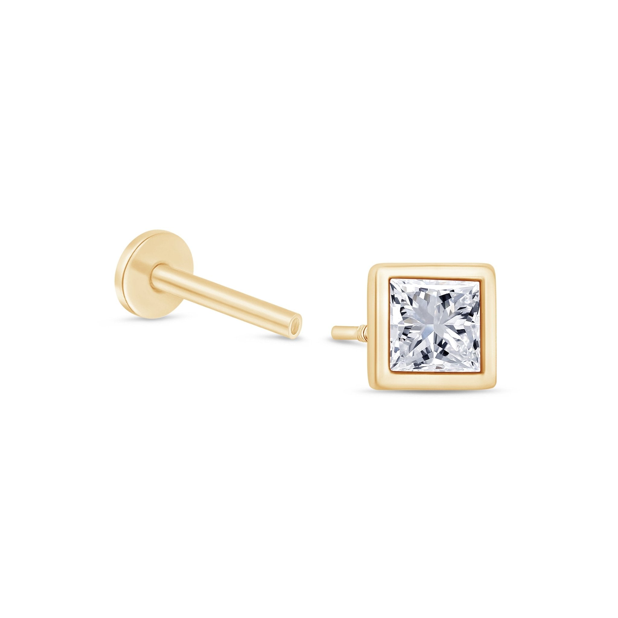 14K Yellow Gold Princess Cut Gemstone Stud Earrings - Bezel Set Flat Back for Secure Wear | Perfect for Weddings, Parties & Everyday Elegance