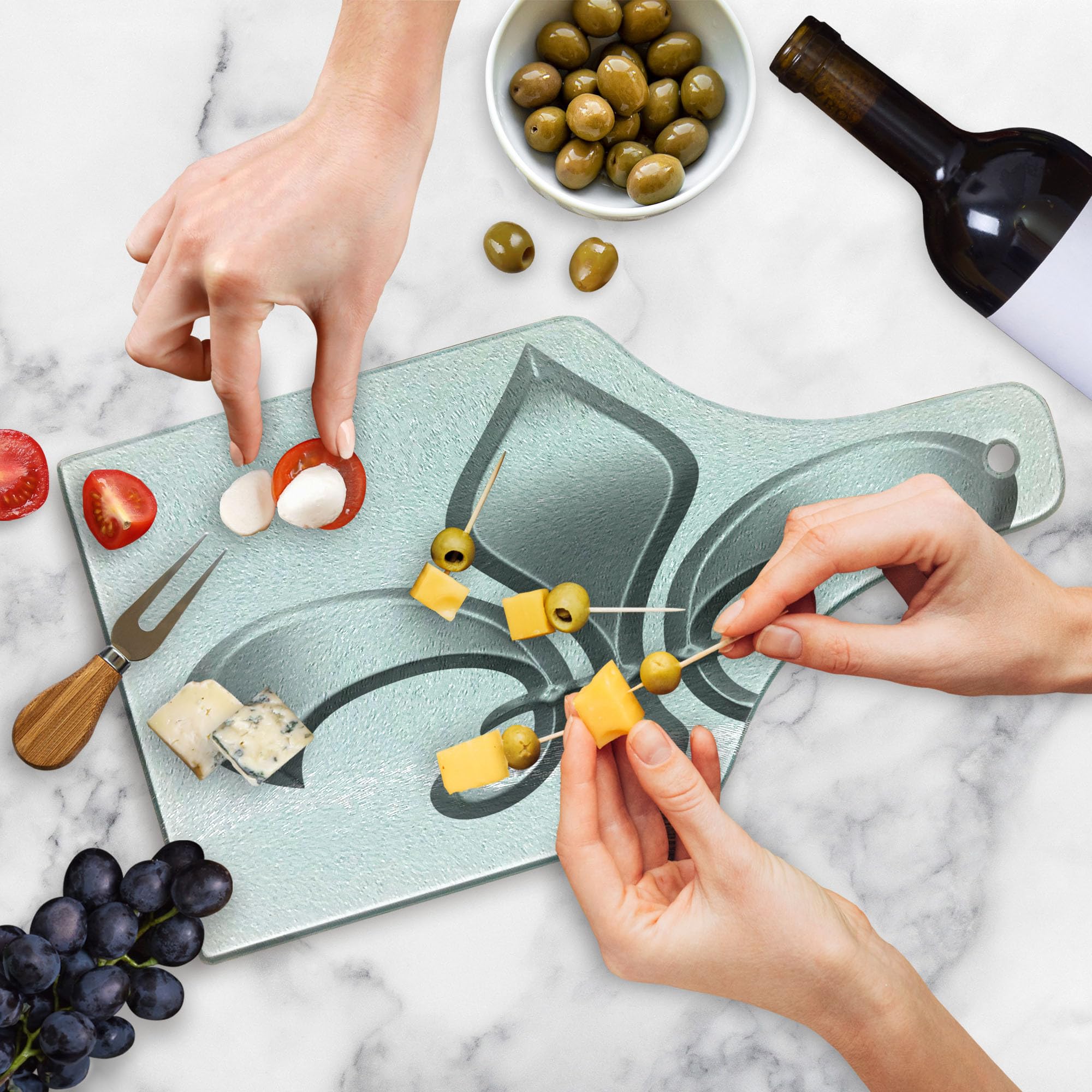Ambesonne Fleur De Lis Tempered Glass Cutting Board - Medieval European Lily Flower Design, Decorative Serving Board for Cheese, Charcuterie & Wine - White Silver Elegant Kitchen & Dining Accessory