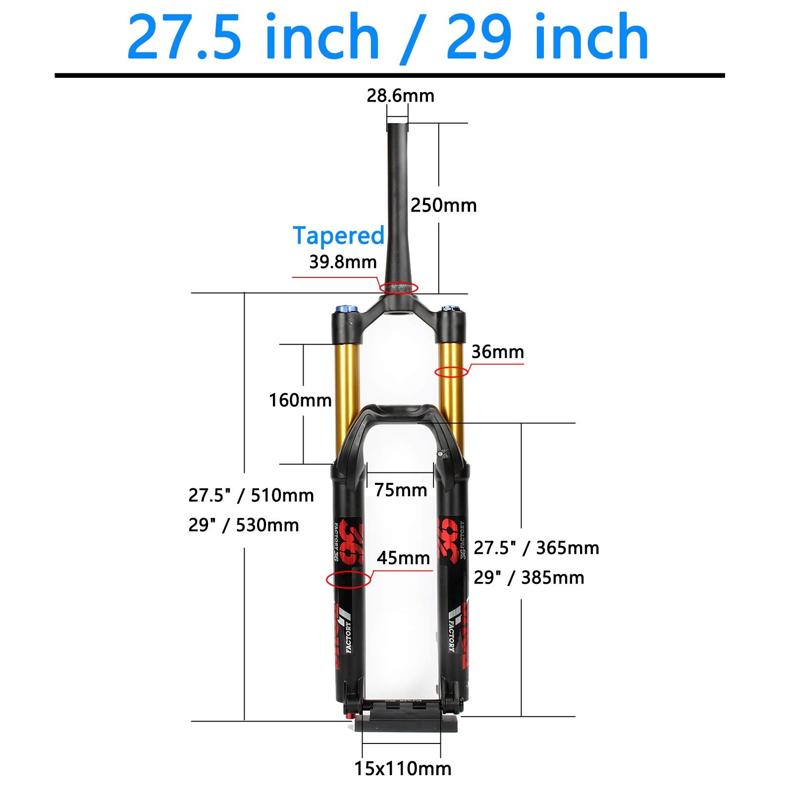 27.5 & 29 Inch Mountain Bike Forks - 15x110mm Thru Axle, 160mm Air Suspension Travel for Downhill/DH Bikes (Gold Inner Tube) - Perfect for Trail Riding, Enduro & Mountain Biking Adventures