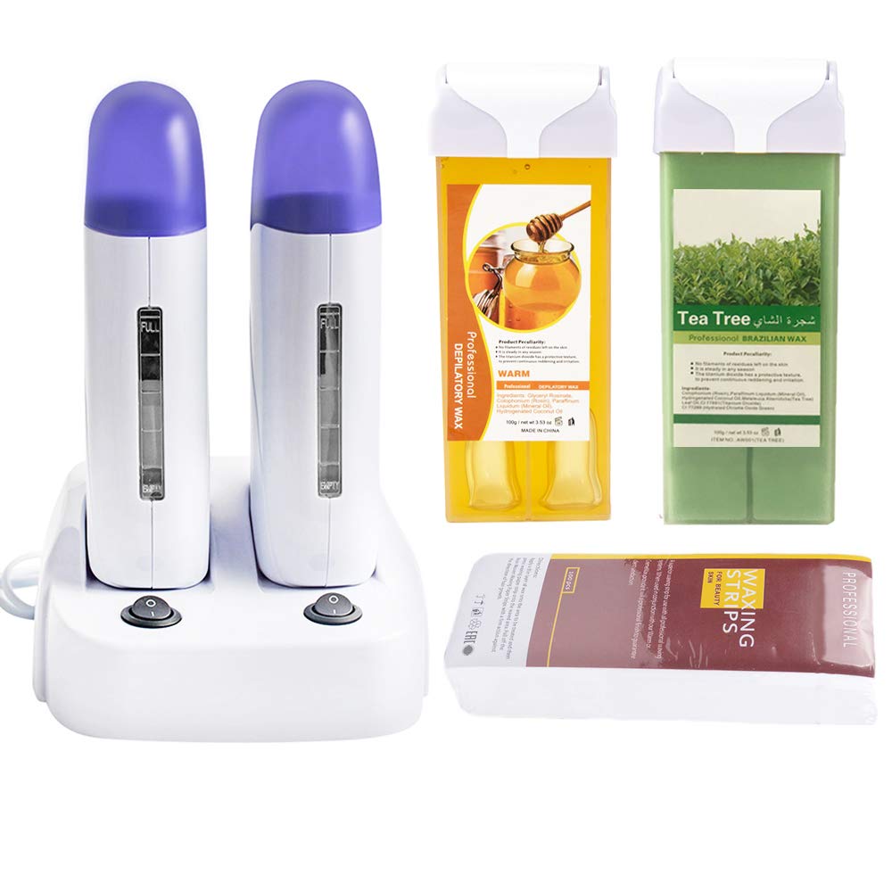Professional Double Wax Roller Heater for Hair Removal - Hot Body Waxing Machine with Heater Base & 200g Wax Refill - Perfect for Home Use & Beauty Salons - Smooth Legs, Bikini Line & Facial Hair Removal