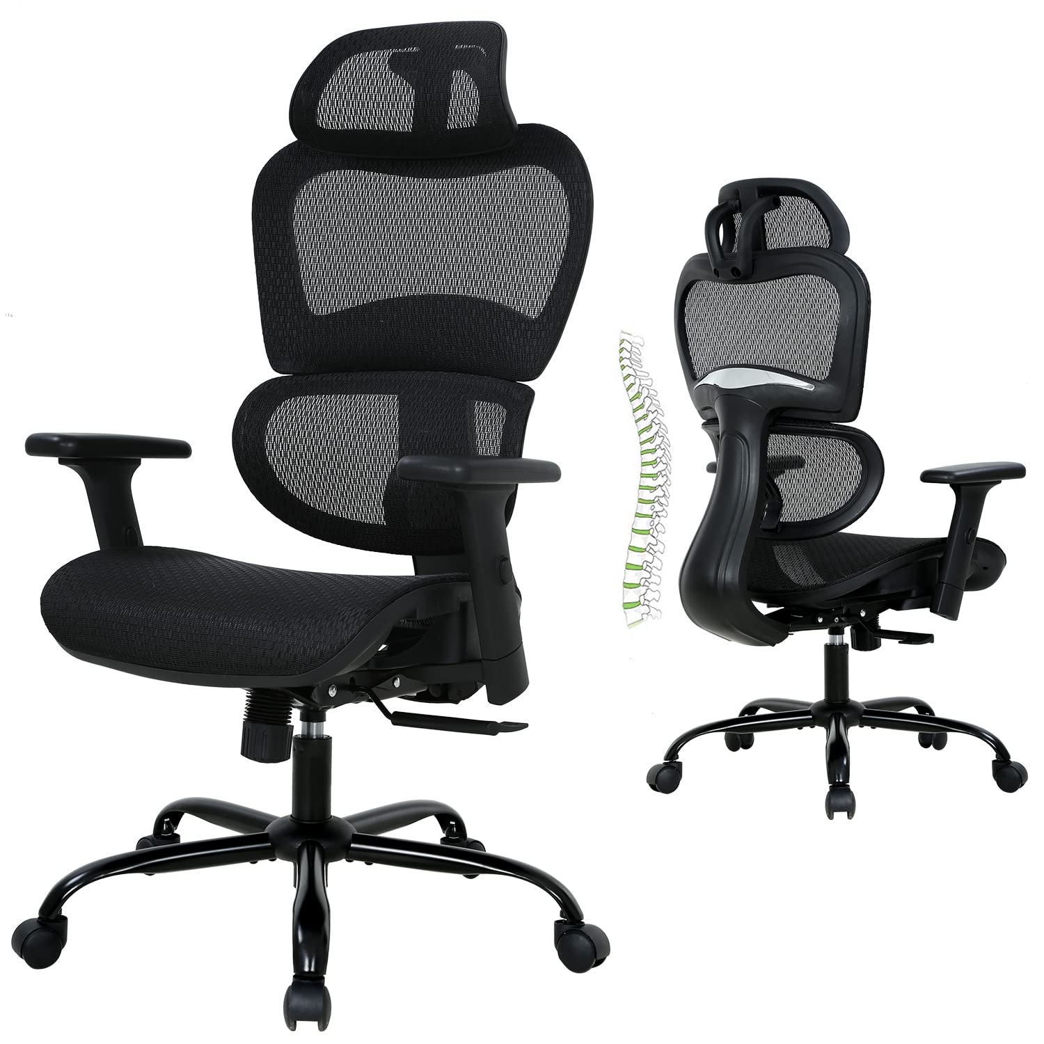 Ergonomic Mesh Office Chair with 3D Adjustable Arms, Lumbar Support & Headrest - High Back Computer Gaming Chair for Home Office, E-Sports & Executive Work - Breathable Swivel Rolling Task Chair with Tilt Function for Comfort & Productivity