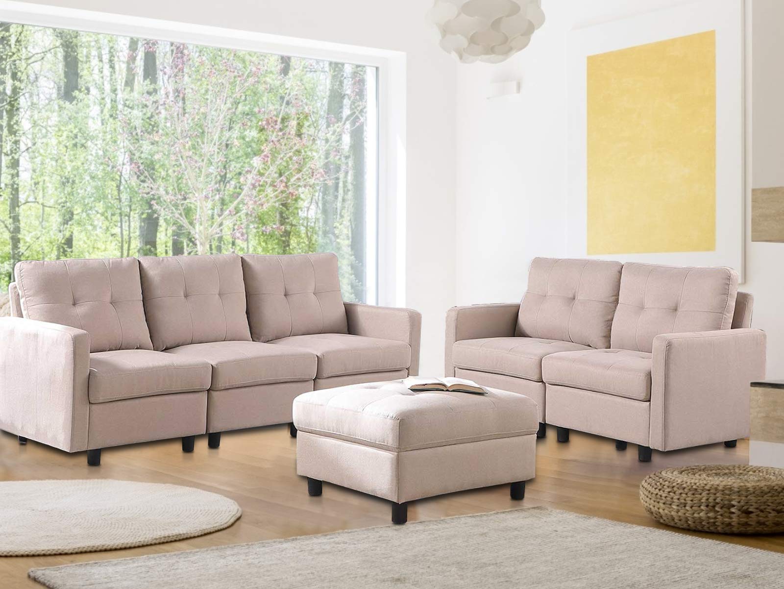 Modular Sectional Sofa Set - 3-Seat Couch & Loveseat with Ottoman for Living Room, Family Room & Home Theater - Soft Fabric Upholstery & Modern Design